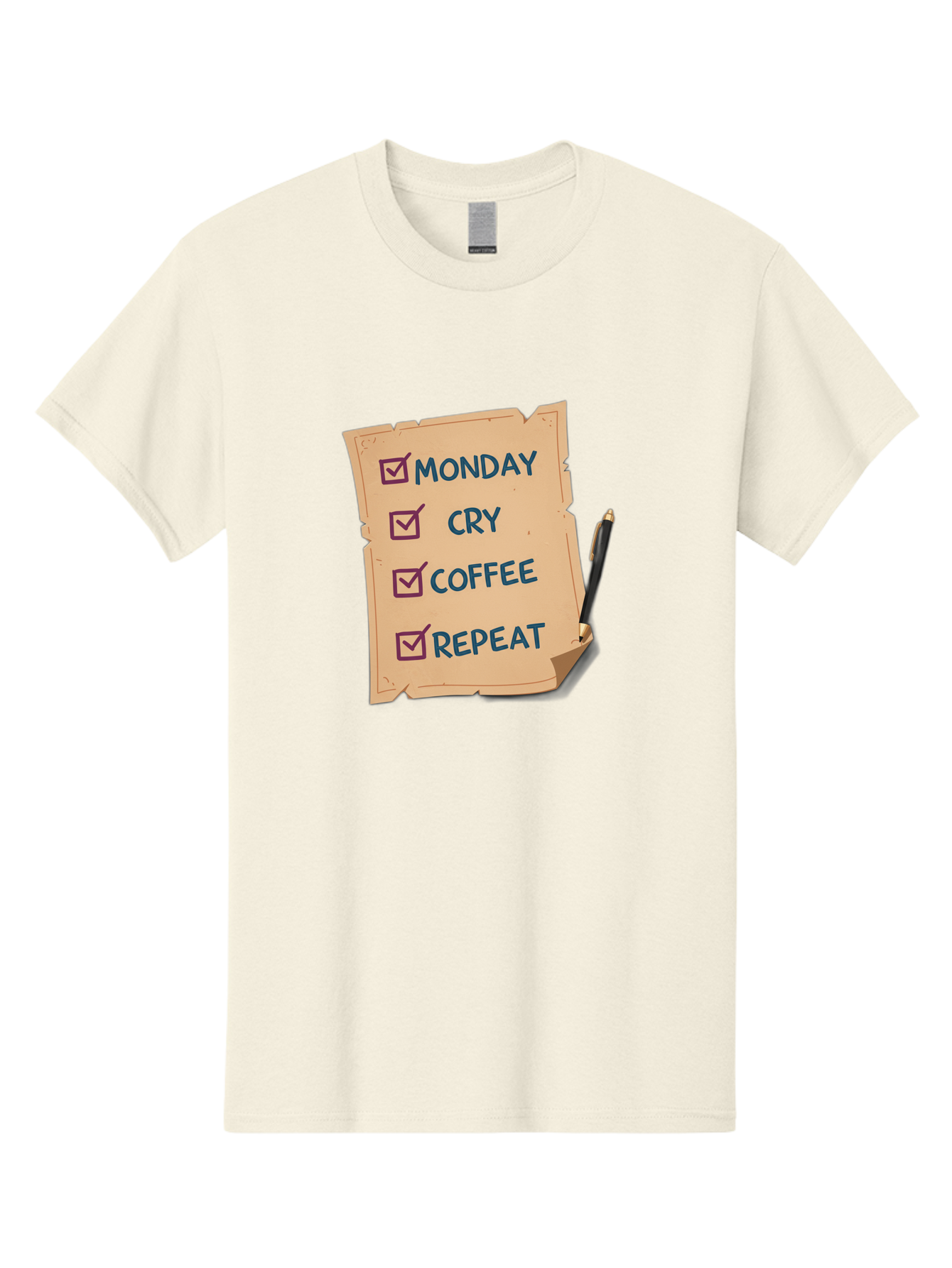 Monday-Cry-Coffee-Repeat-3 Men'S Graphic Tee, 100% Cotton, Comfortable Casual Summer Wear, Machine Washable, Humorous To-Do List, Monday Motivation, Coffee Humor, Funny Office Quotes, Relatable Workspace, Quirky Stationery, Bae516
