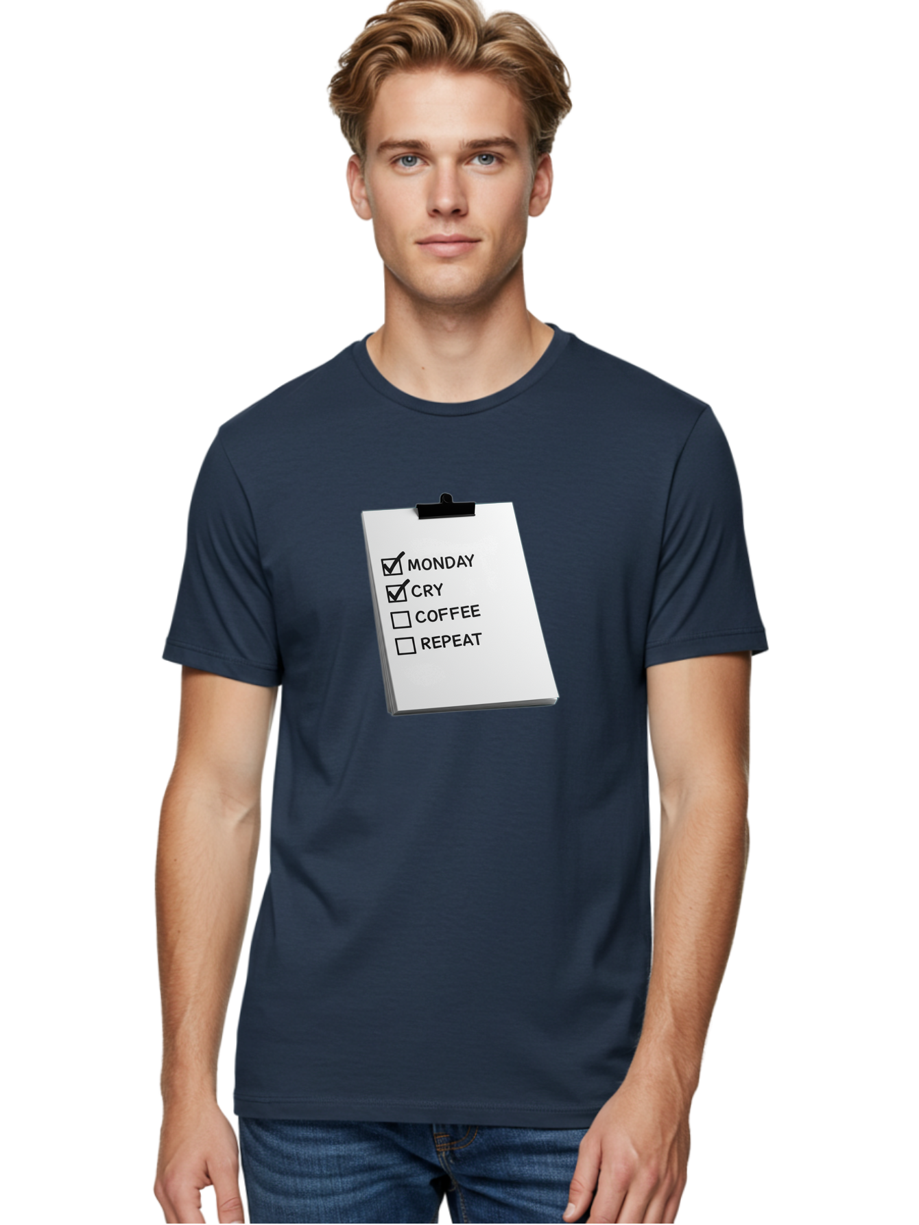 Monday-Cry-Coffee-Repeat Men'S Graphic Tee, 100% Cotton, Comfortable Casual Summer Wear, Machine Washable, To-Do List, Monday Blues, Cry, Coffee Break, Repeat Cycle, Humor, Relatable, Checklist, Productivity, Morning Routine, Motivation Bae517