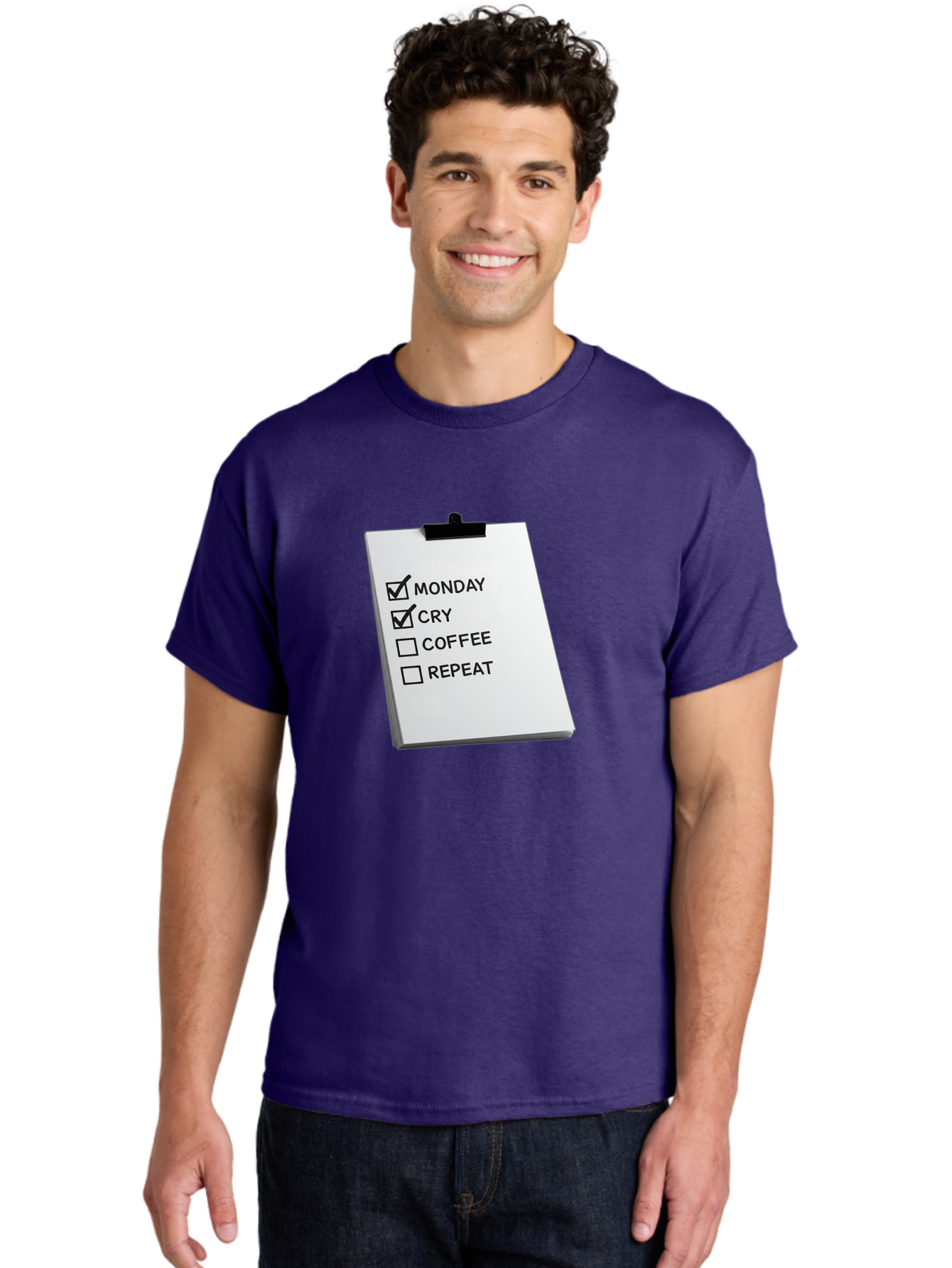 Monday-Cry-Coffee-Repeat Men'S Graphic Tee, 100% Cotton, Comfortable Casual Summer Wear, Machine Washable, To-Do List, Monday Blues, Cry, Coffee Break, Repeat Cycle, Humor, Relatable, Checklist, Productivity, Morning Routine, Motivation Bae517