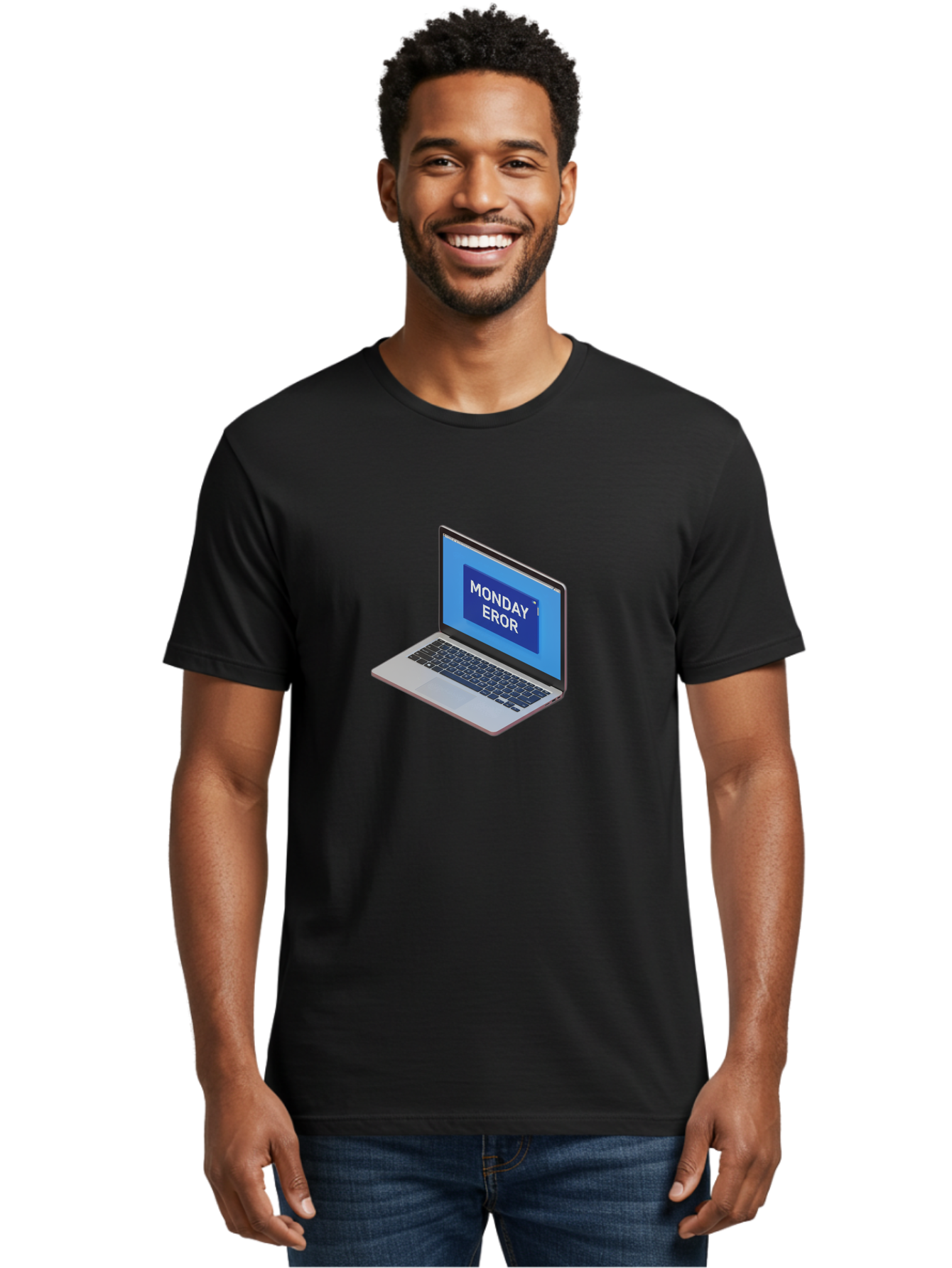 Monday-Eror Men'S Graphic Tee, 100% Cotton, Comfortable Casual Summer Wear, Machine Washable, Laptop Screen Displaying Monday Eror, Error Message, System Failure, Humorously Misspelled, Blue Screen, White Text, Cartoonish Style, Tech Glitch Bae518