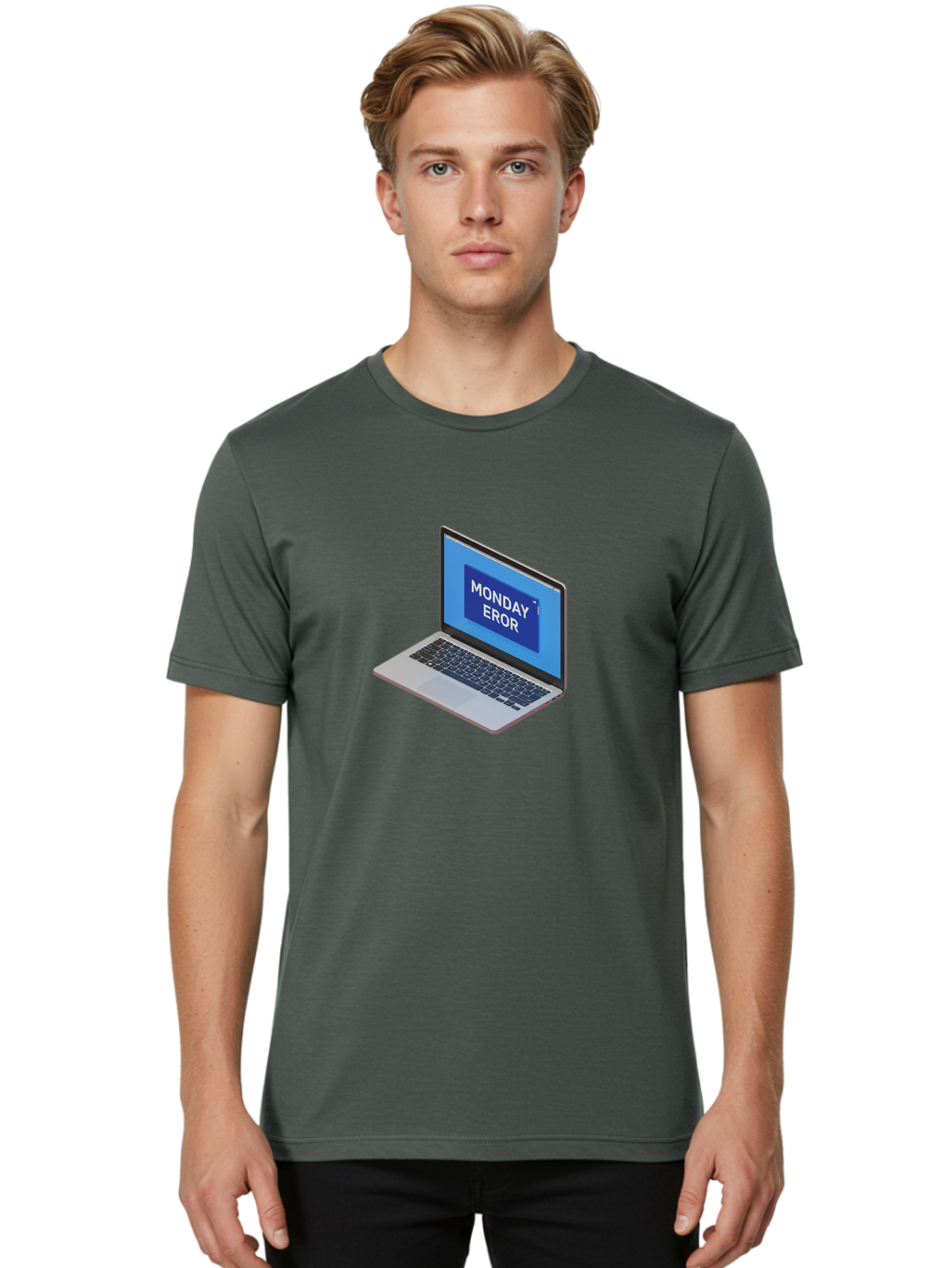 Monday-Eror Men'S Graphic Tee, 100% Cotton, Comfortable Casual Summer Wear, Machine Washable, Laptop Screen Displaying Monday Eror, Error Message, System Failure, Humorously Misspelled, Blue Screen, White Text, Cartoonish Style, Tech Glitch Bae518