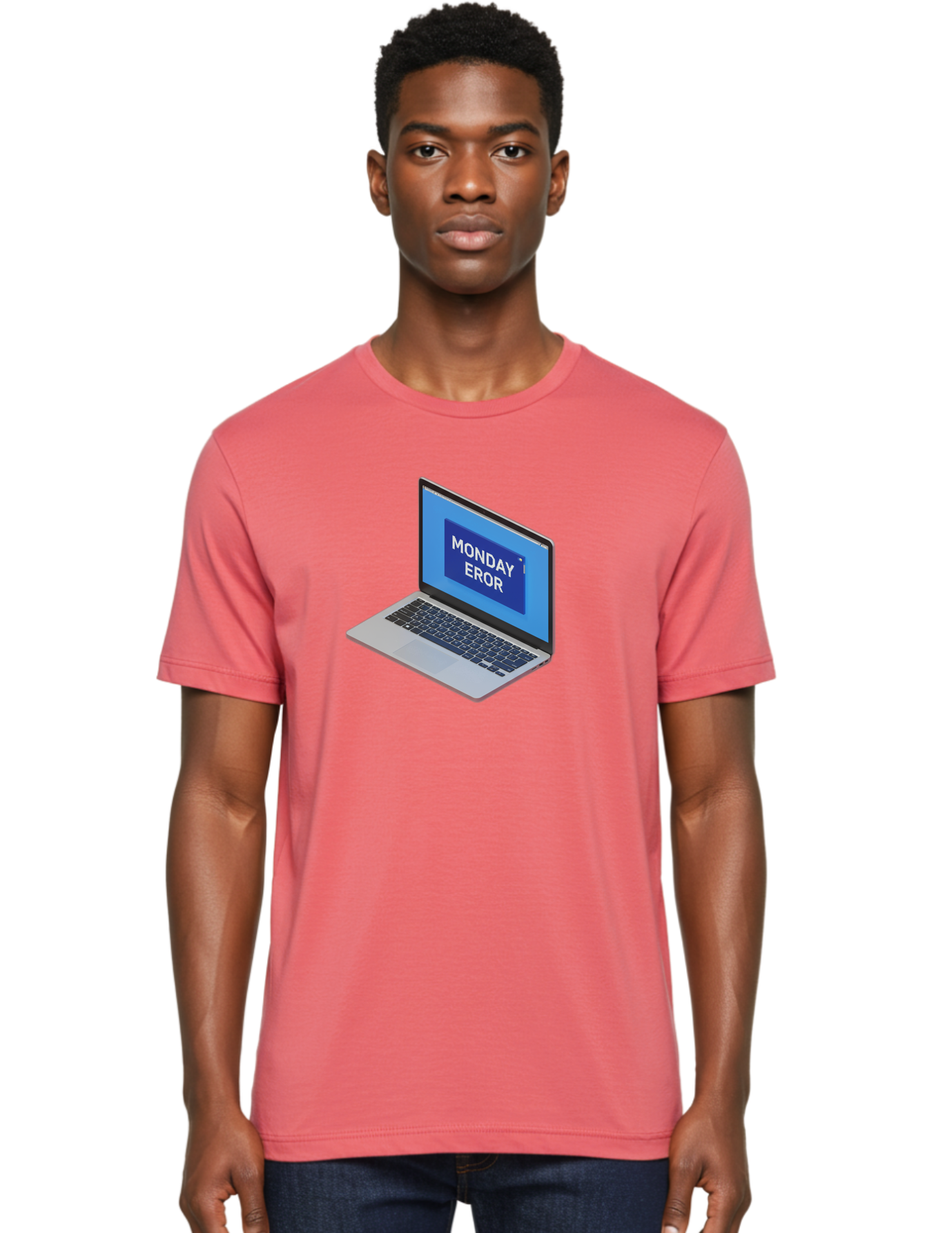 Monday-Eror Men'S Graphic Tee, 100% Cotton, Comfortable Casual Summer Wear, Machine Washable, Laptop Screen Displaying Monday Eror, Error Message, System Failure, Humorously Misspelled, Blue Screen, White Text, Cartoonish Style, Tech Glitch Bae518