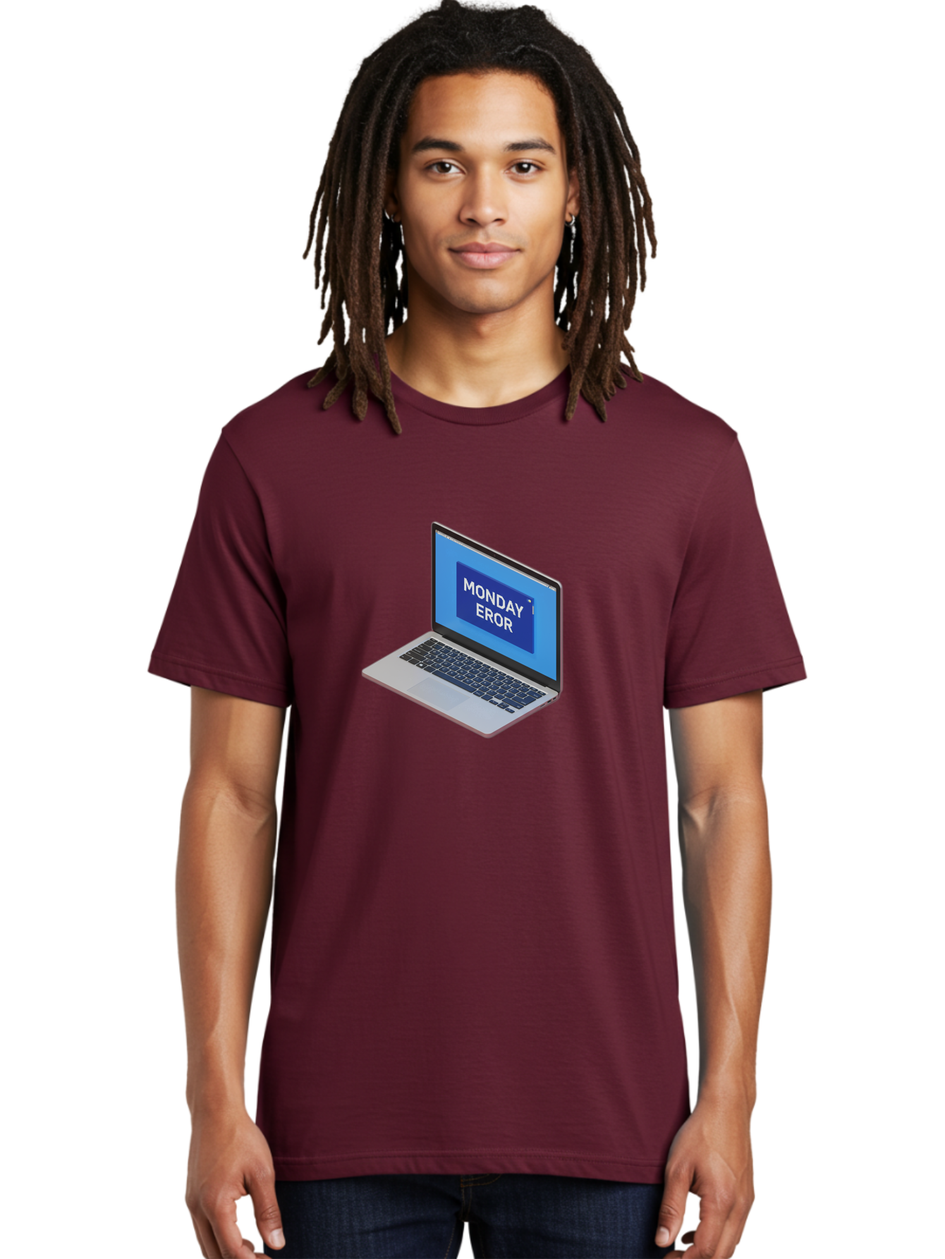 Monday-Eror Men'S Graphic Tee, 100% Cotton, Comfortable Casual Summer Wear, Machine Washable, Laptop Screen Displaying Monday Eror, Error Message, System Failure, Humorously Misspelled, Blue Screen, White Text, Cartoonish Style, Tech Glitch Bae518