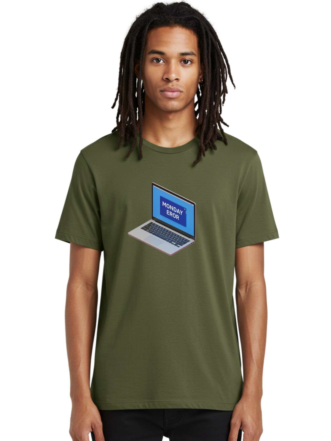 Monday-Eror Men'S Graphic Tee, 100% Cotton, Comfortable Casual Summer Wear, Machine Washable, Laptop Screen Displaying Monday Eror, Error Message, System Failure, Humorously Misspelled, Blue Screen, White Text, Cartoonish Style, Tech Glitch Bae518