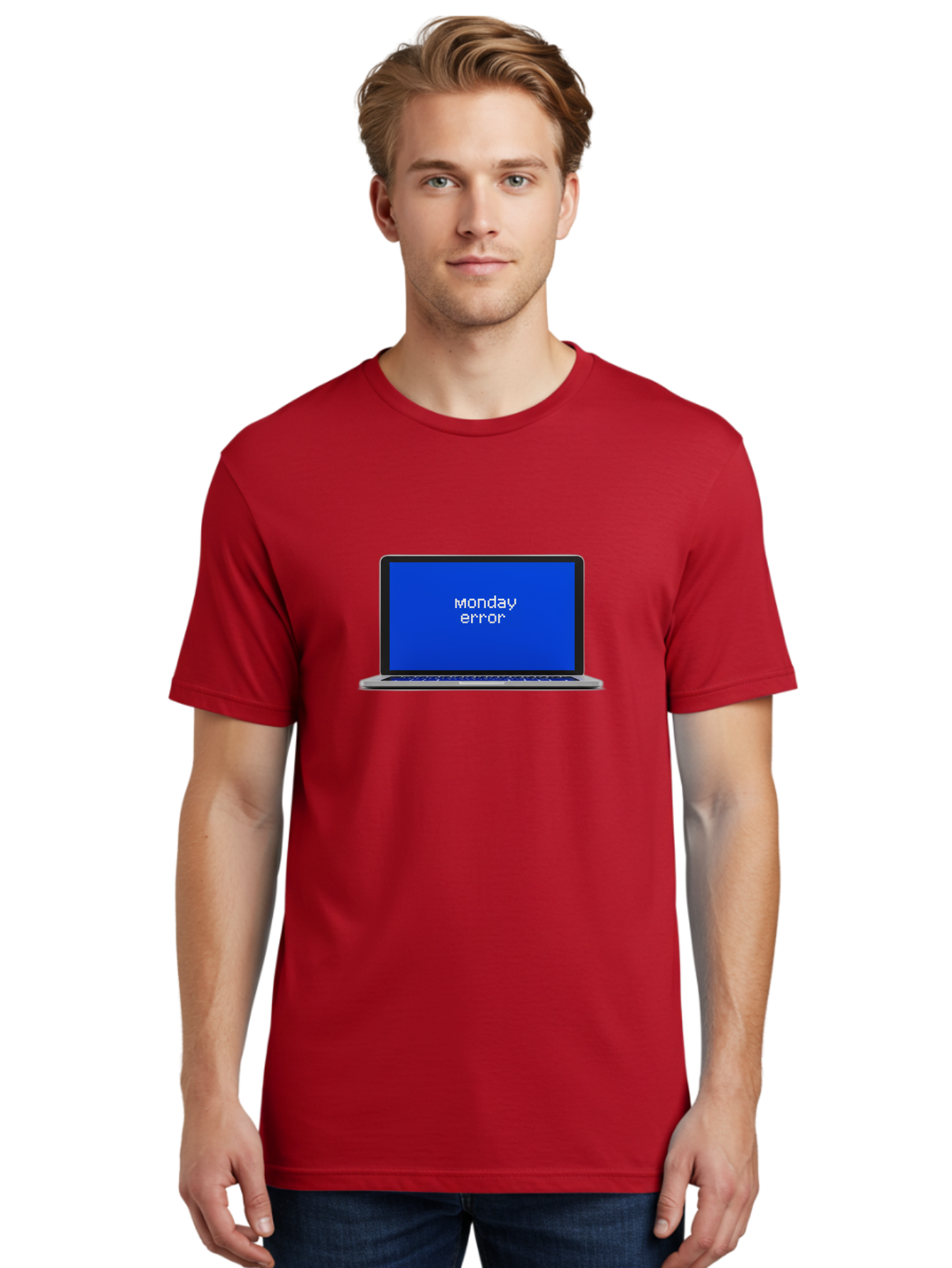 Monday-Error-1 Men'S Graphic Tee, 100% Cotton, Comfortable Casual Summer Wear, Machine Washable, Laptop Screen, Error Message, Blue Screen, Monday Blues, Technical Issue, Computer Problem, Glitch, System Failure Bae519