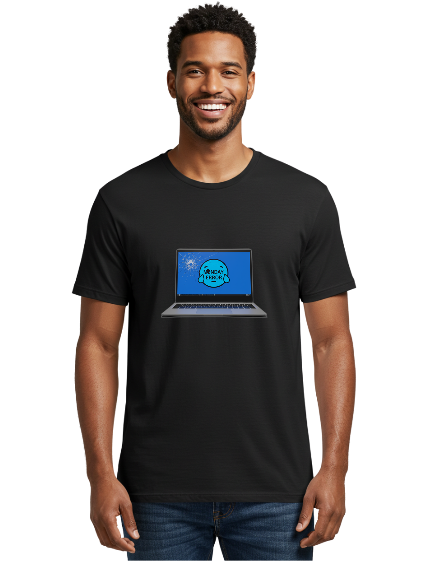 Monday-Error-10 Men'S Graphic Tee, 100% Cotton, Comfortable Casual Summer Wear, Machine Washable, Laptop Screen, Error Message, Monday Blues, Broken Computer, Tech Issue, System Failure, Sad Face, Cracked Screen, Digital Glitch Bae520