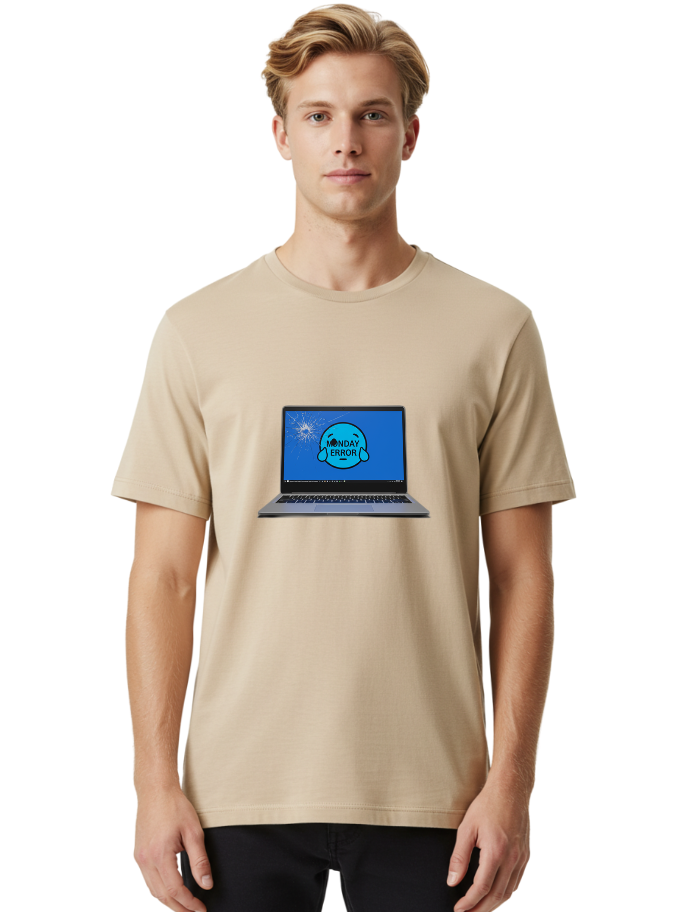 Monday-Error-10 Men'S Graphic Tee, 100% Cotton, Comfortable Casual Summer Wear, Machine Washable, Laptop Screen, Error Message, Monday Blues, Broken Computer, Tech Issue, System Failure, Sad Face, Cracked Screen, Digital Glitch Bae520