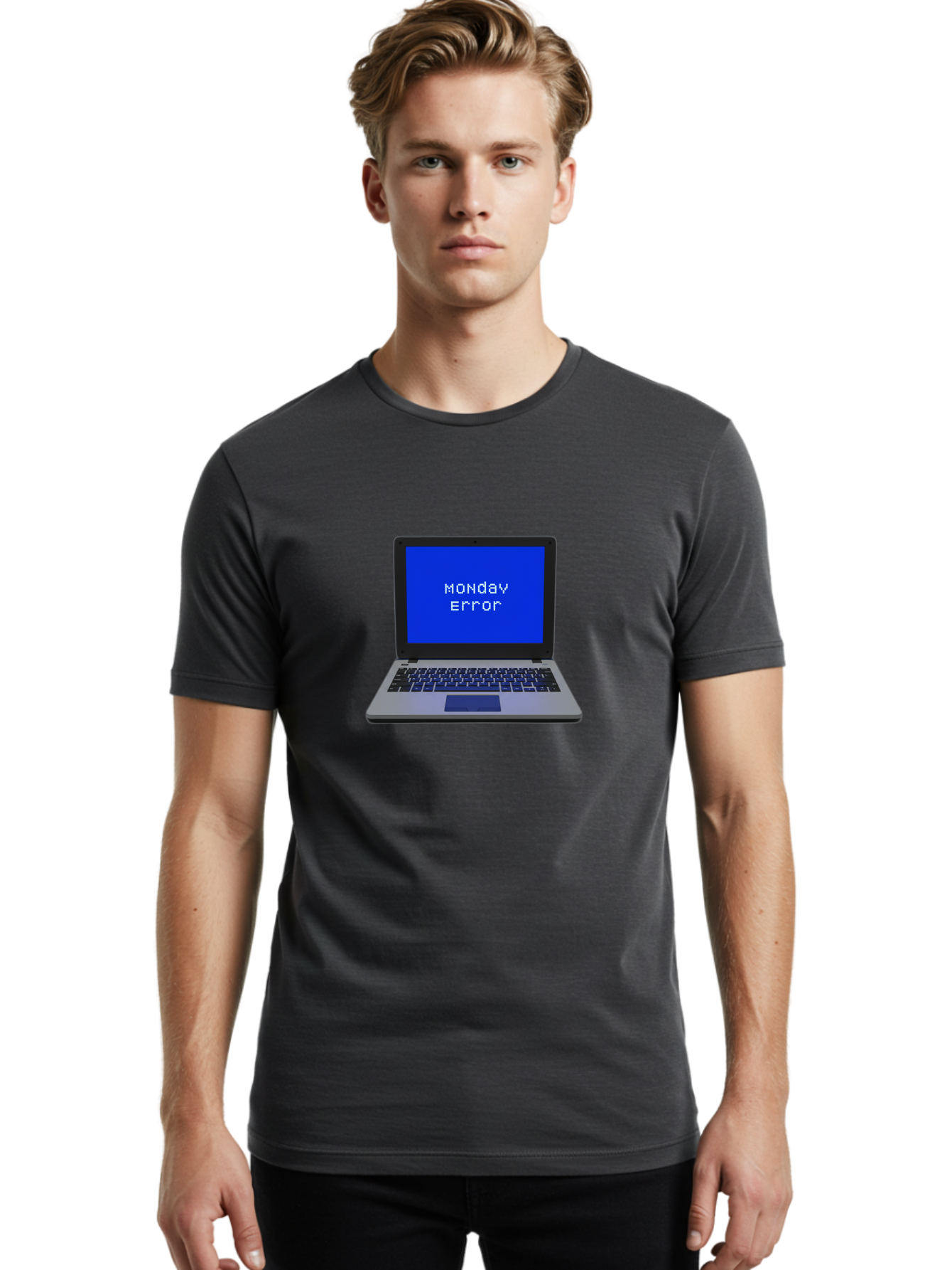 Monday-Error-2 Men'S Graphic Tee, 100% Cotton, Comfortable Casual Summer Wear, Machine Washable, Laptop With Error Message, Monday Blues, Work Stress, Computer Glitch, System Failure, Monday Morning Motivation, Productivity Issues Bae521