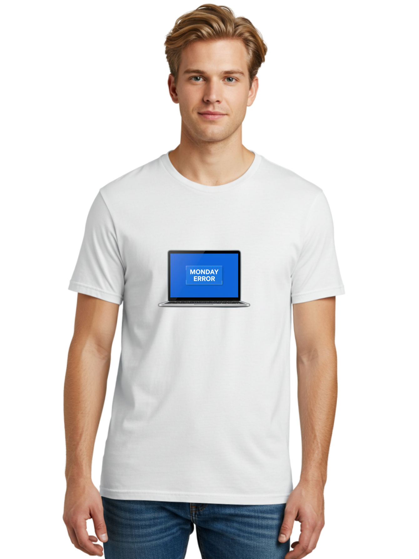 Monday-Error-6 Men'S Graphic Tee, 100% Cotton, Comfortable Casual Summer Wear, Machine Washable, Laptop Screen, Monday Error Message, Error Alert, Blue Screen, Glitch, Malfunction, White Text, Tech Issue Bae525