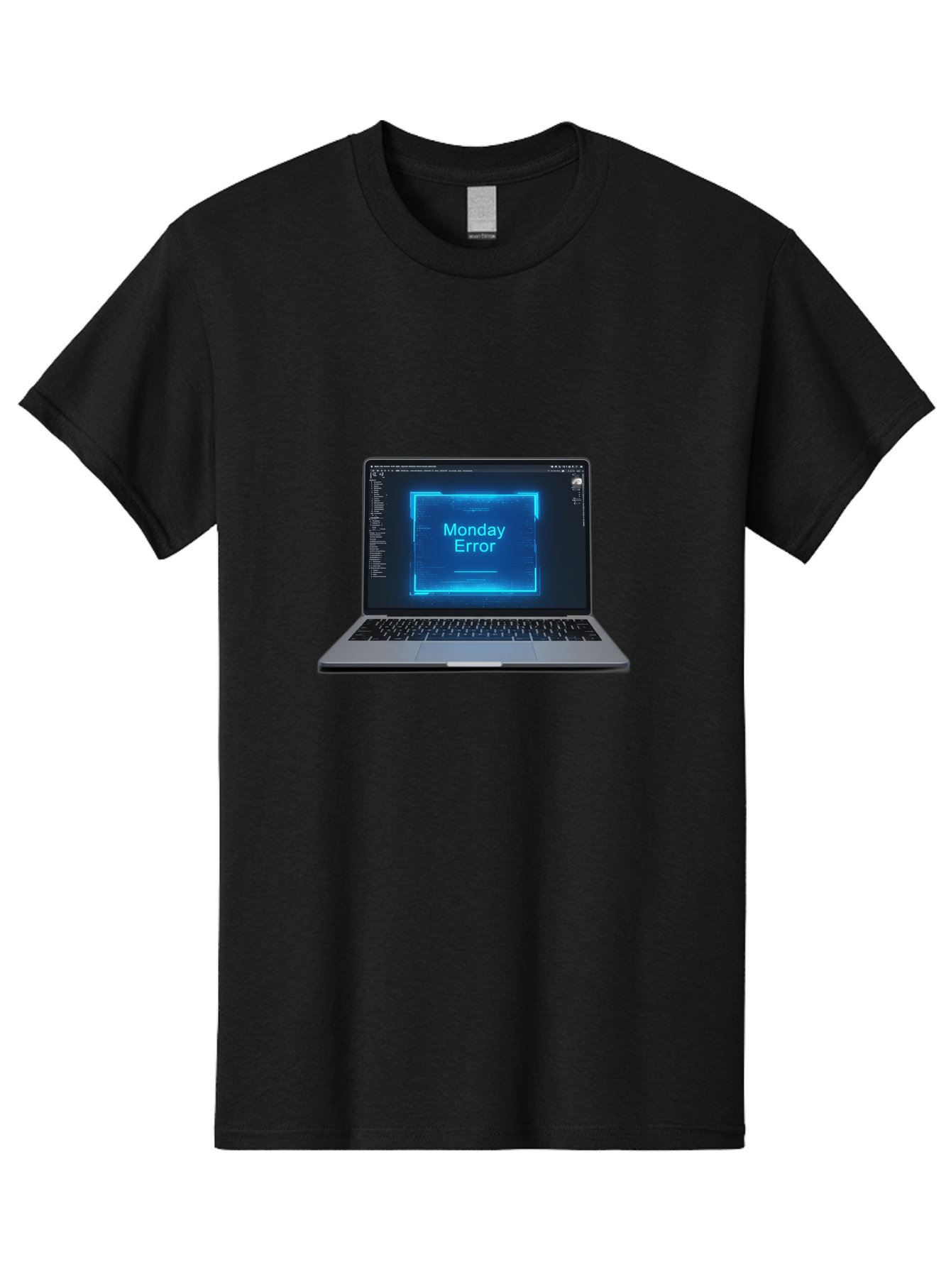 Monday-Error-7 Men'S Graphic Tee, 100% Cotton, Comfortable Casual Summer Wear, Machine Washable, Laptop Screen, Error Message, Monday Error, System Failure, Glitchy Display, Blue Neon Light, Coding Software, Debugging, Tech Issue, Bae526