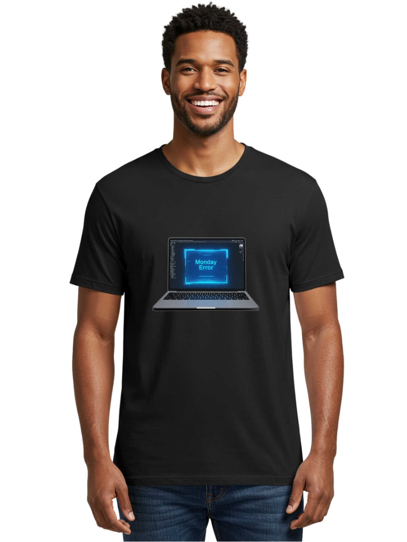 Monday-Error-7 Men'S Graphic Tee, 100% Cotton, Comfortable Casual Summer Wear, Machine Washable, Laptop Screen, Error Message, Monday Error, System Failure, Glitchy Display, Blue Neon Light, Coding Software, Debugging, Tech Issue, Bae526