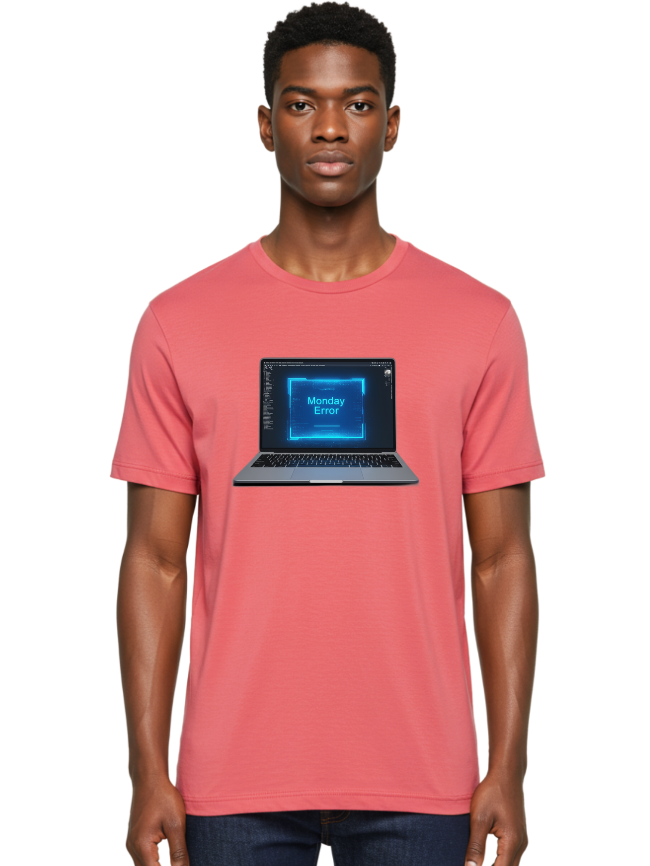 Monday-Error-7 Men'S Graphic Tee, 100% Cotton, Comfortable Casual Summer Wear, Machine Washable, Laptop Screen, Error Message, Monday Error, System Failure, Glitchy Display, Blue Neon Light, Coding Software, Debugging, Tech Issue, Bae526