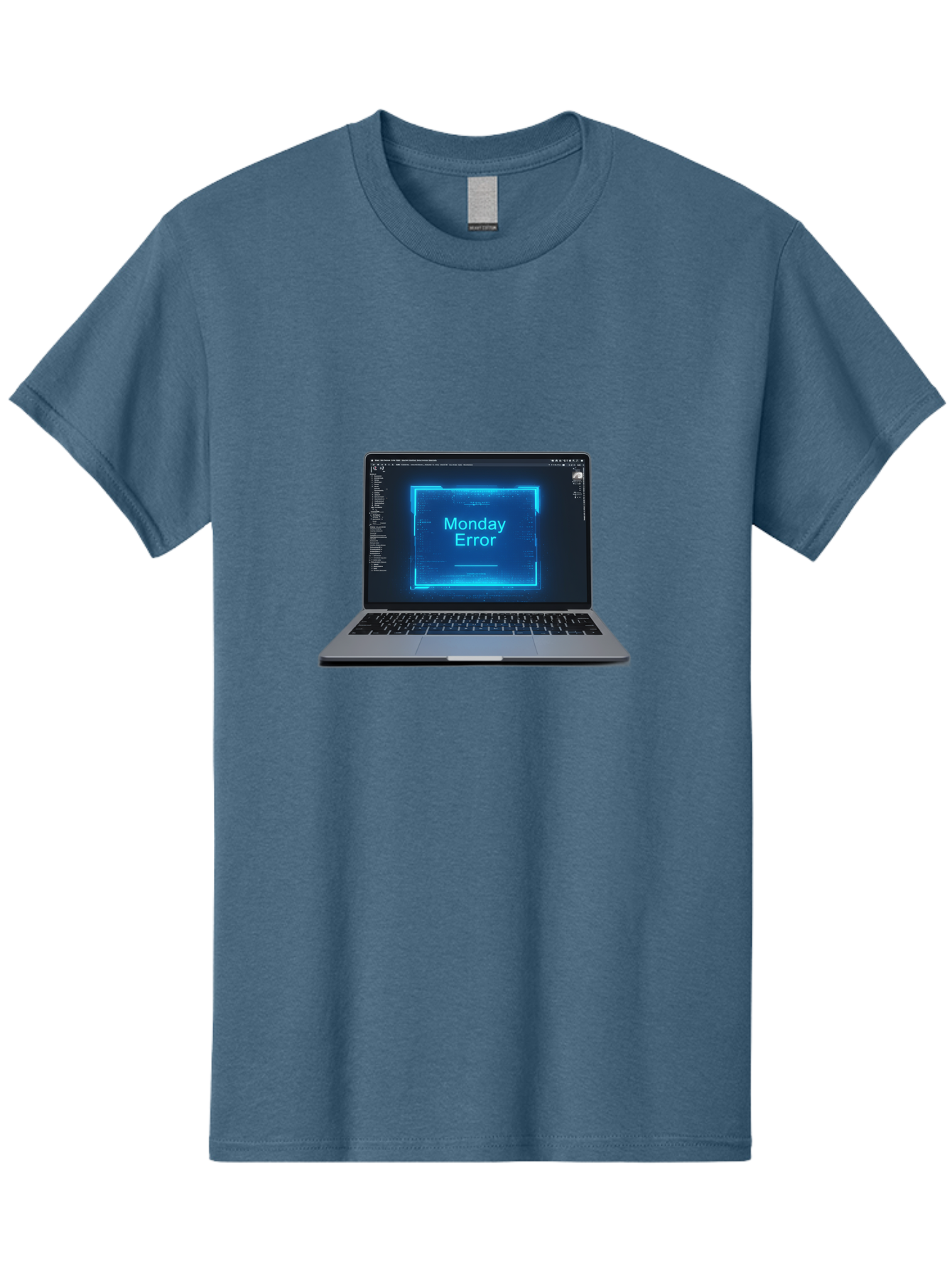 Monday-Error-7 Men'S Graphic Tee, 100% Cotton, Comfortable Casual Summer Wear, Machine Washable, Laptop Screen, Error Message, Monday Error, System Failure, Glitchy Display, Blue Neon Light, Coding Software, Debugging, Tech Issue, Bae526
