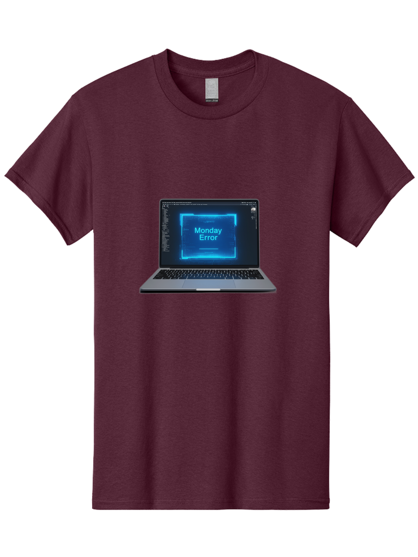 Monday-Error-7 Men'S Graphic Tee, 100% Cotton, Comfortable Casual Summer Wear, Machine Washable, Laptop Screen, Error Message, Monday Error, System Failure, Glitchy Display, Blue Neon Light, Coding Software, Debugging, Tech Issue, Bae526