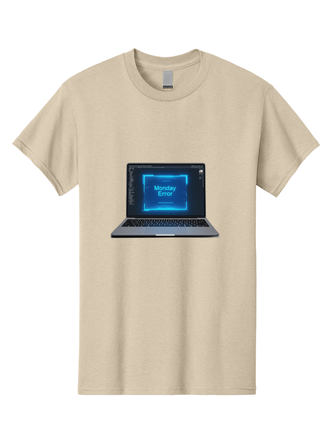 Monday-Error-7 Men'S Graphic Tee, 100% Cotton, Comfortable Casual Summer Wear, Machine Washable, Laptop Screen, Error Message, Monday Error, System Failure, Glitchy Display, Blue Neon Light, Coding Software, Debugging, Tech Issue, Bae526