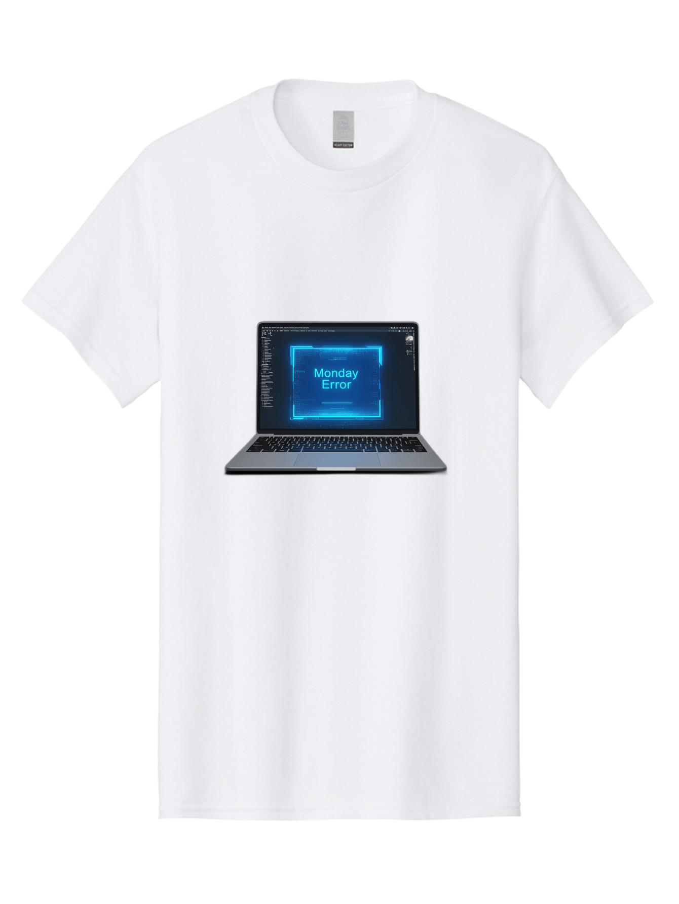 Monday-Error-7 Men'S Graphic Tee, 100% Cotton, Comfortable Casual Summer Wear, Machine Washable, Laptop Screen, Error Message, Monday Error, System Failure, Glitchy Display, Blue Neon Light, Coding Software, Debugging, Tech Issue, Bae526