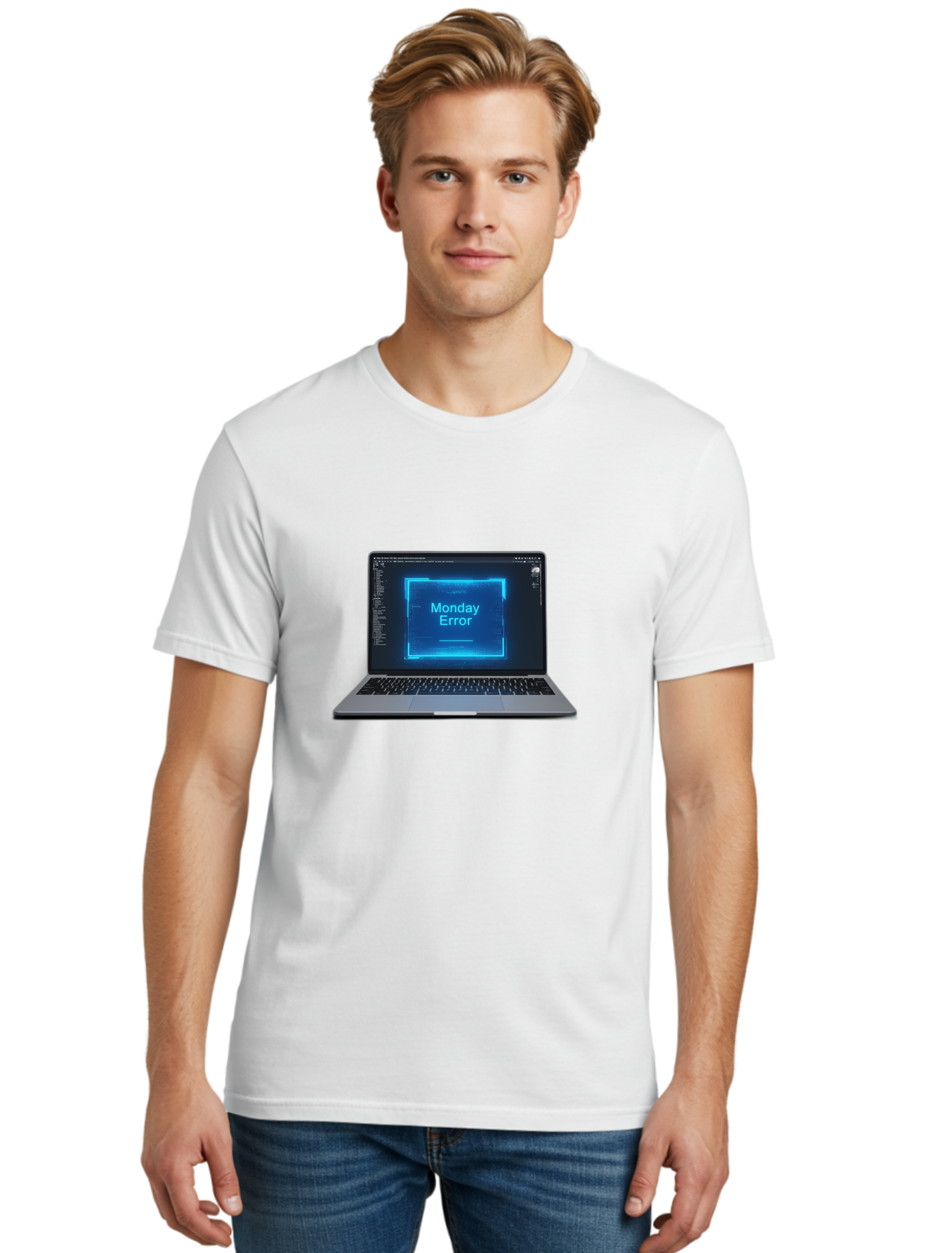 Monday-Error-7 Men'S Graphic Tee, 100% Cotton, Comfortable Casual Summer Wear, Machine Washable, Laptop Screen, Error Message, Monday Error, System Failure, Glitchy Display, Blue Neon Light, Coding Software, Debugging, Tech Issue, Bae526