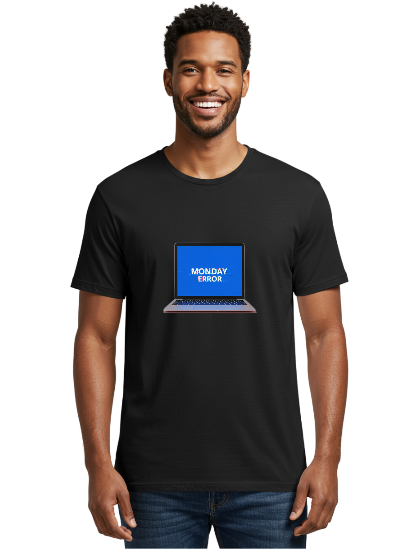 Monday-Error-9 Men'S Graphic Tee, 100% Cotton, Comfortable Casual Summer Wear, Machine Washable, Laptop Screen Displaying Monday Error Message, Computer Error, Malfunctioning Computer, Glitchy Screen, Blue Screen Of Death, Tech Issues, Bae528