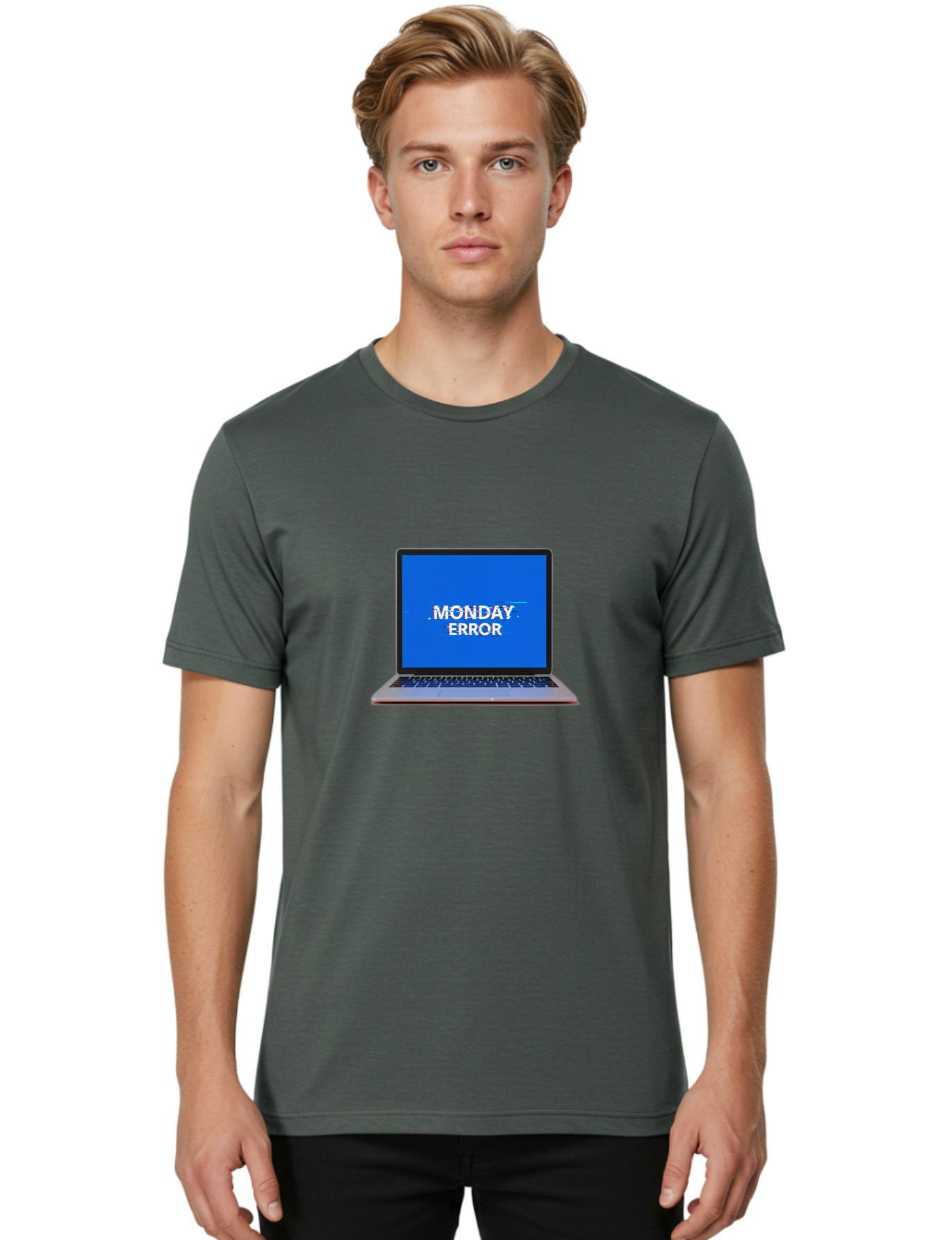 Monday-Error-9 Men'S Graphic Tee, 100% Cotton, Comfortable Casual Summer Wear, Machine Washable, Laptop Screen Displaying Monday Error Message, Computer Error, Malfunctioning Computer, Glitchy Screen, Blue Screen Of Death, Tech Issues, Bae528
