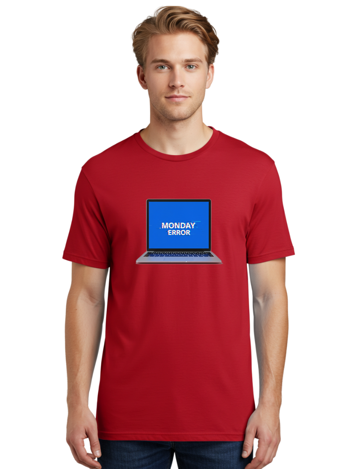 Monday-Error-9 Men'S Graphic Tee, 100% Cotton, Comfortable Casual Summer Wear, Machine Washable, Laptop Screen Displaying Monday Error Message, Computer Error, Malfunctioning Computer, Glitchy Screen, Blue Screen Of Death, Tech Issues, Bae528