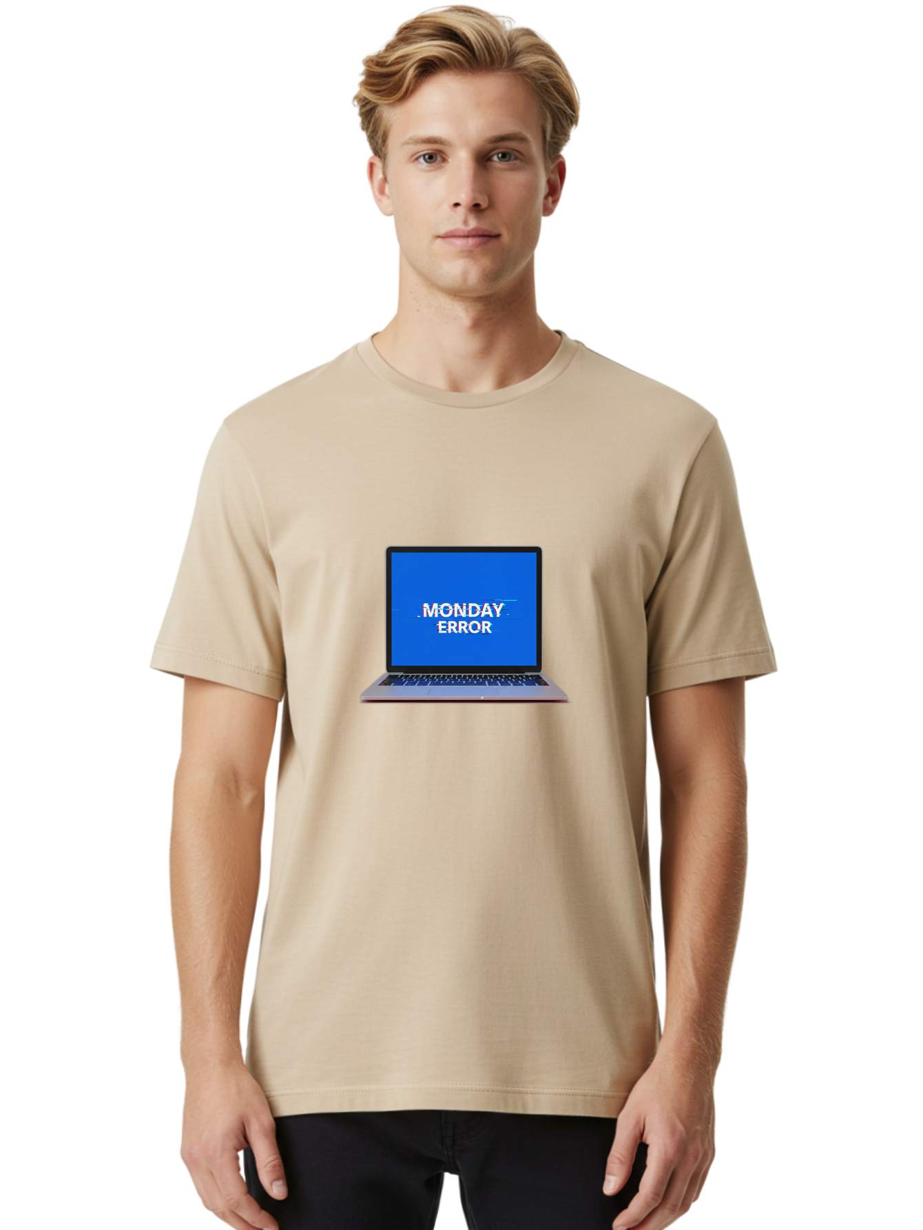 Monday-Error-9 Men'S Graphic Tee, 100% Cotton, Comfortable Casual Summer Wear, Machine Washable, Laptop Screen Displaying Monday Error Message, Computer Error, Malfunctioning Computer, Glitchy Screen, Blue Screen Of Death, Tech Issues, Bae528