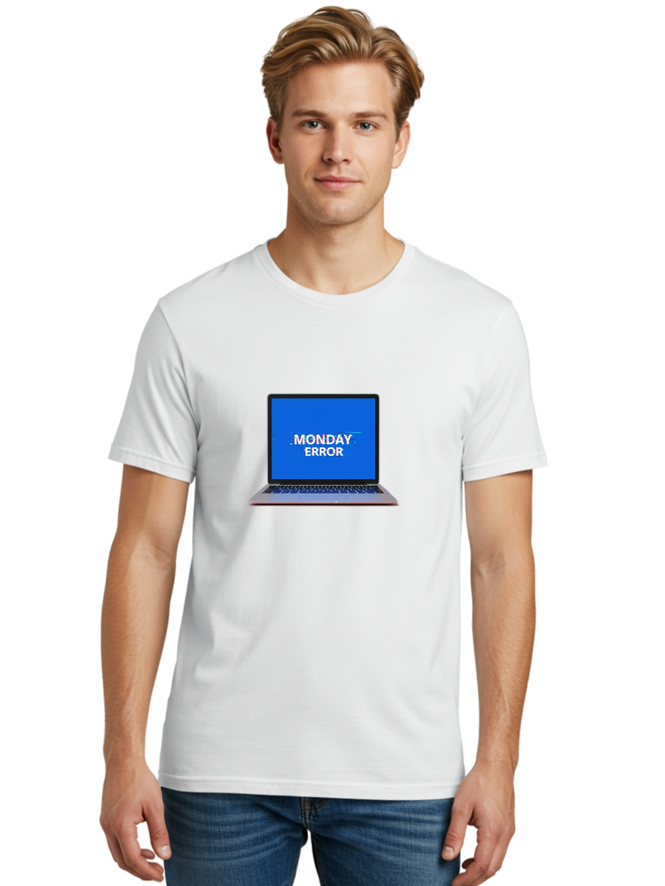 Monday-Error-9 Men'S Graphic Tee, 100% Cotton, Comfortable Casual Summer Wear, Machine Washable, Laptop Screen Displaying Monday Error Message, Computer Error, Malfunctioning Computer, Glitchy Screen, Blue Screen Of Death, Tech Issues, Bae528