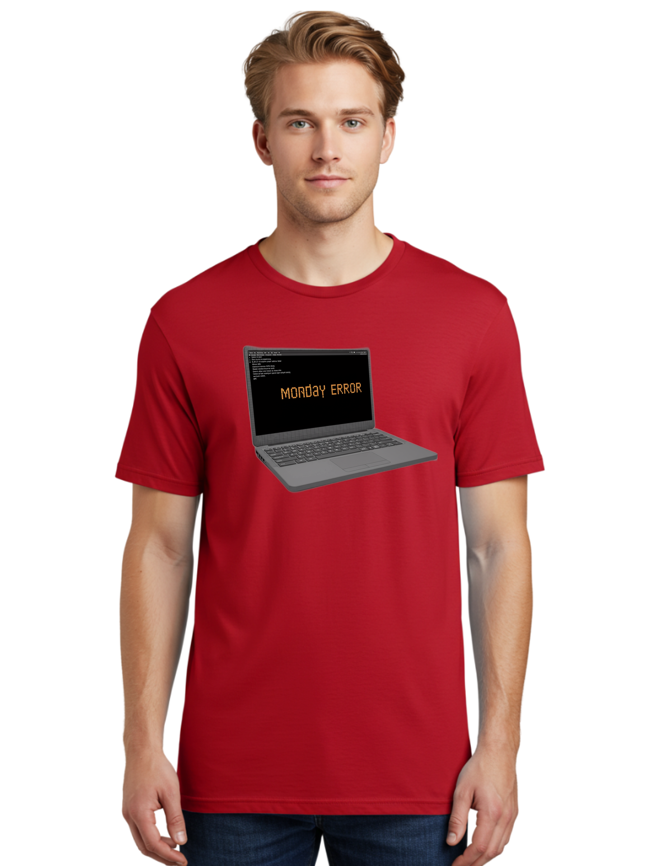 Monday-Error-Laptop Men'S Graphic Tee, 100% Cotton, Comfortable Casual Summer Wear, Machine Washable, Laptop Screen, Error Message, Monday Motivation, Coding Issues, Tech Problems, Computer Glitch, Debugging, Programming Error Bae529