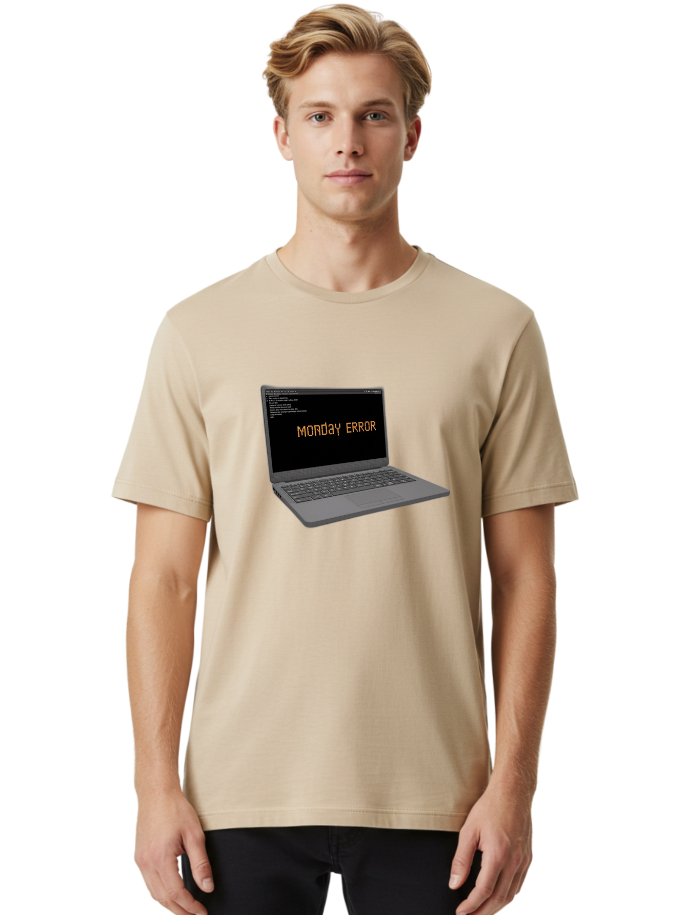 Monday-Error-Laptop Men'S Graphic Tee, 100% Cotton, Comfortable Casual Summer Wear, Machine Washable, Laptop Screen, Error Message, Monday Motivation, Coding Issues, Tech Problems, Computer Glitch, Debugging, Programming Error Bae529