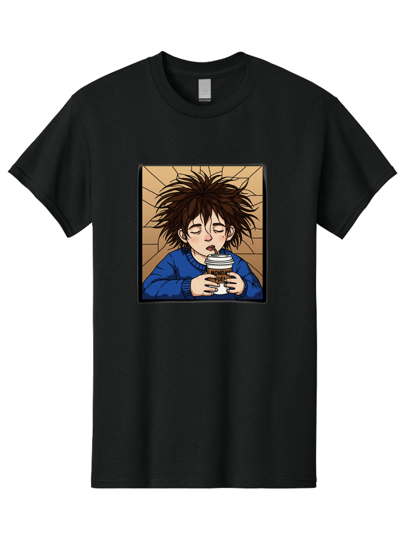 Monday-Fuel-1 Men'S Graphic Tee, 100% Cotton, Comfortable Casual Summer Wear, Machine Washable, Cartoon Character, Messy Hair, Blue Sweater, Coffee Cup, Morning Routine, Caffeine Boost, Relaxed Expression, Brown Background, Coffee Straw, Bae531