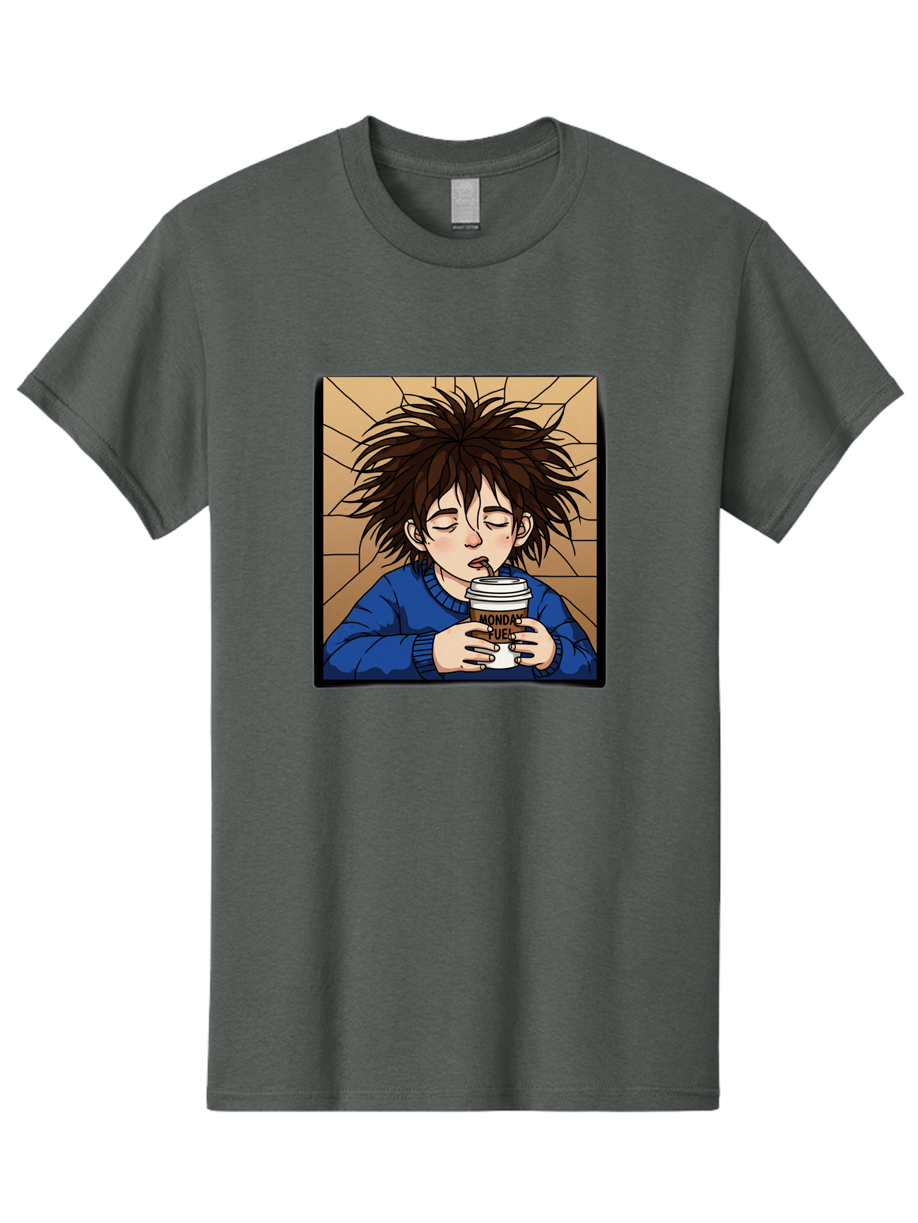 Monday-Fuel-1 Men'S Graphic Tee, 100% Cotton, Comfortable Casual Summer Wear, Machine Washable, Cartoon Character, Messy Hair, Blue Sweater, Coffee Cup, Morning Routine, Caffeine Boost, Relaxed Expression, Brown Background, Coffee Straw, Bae531