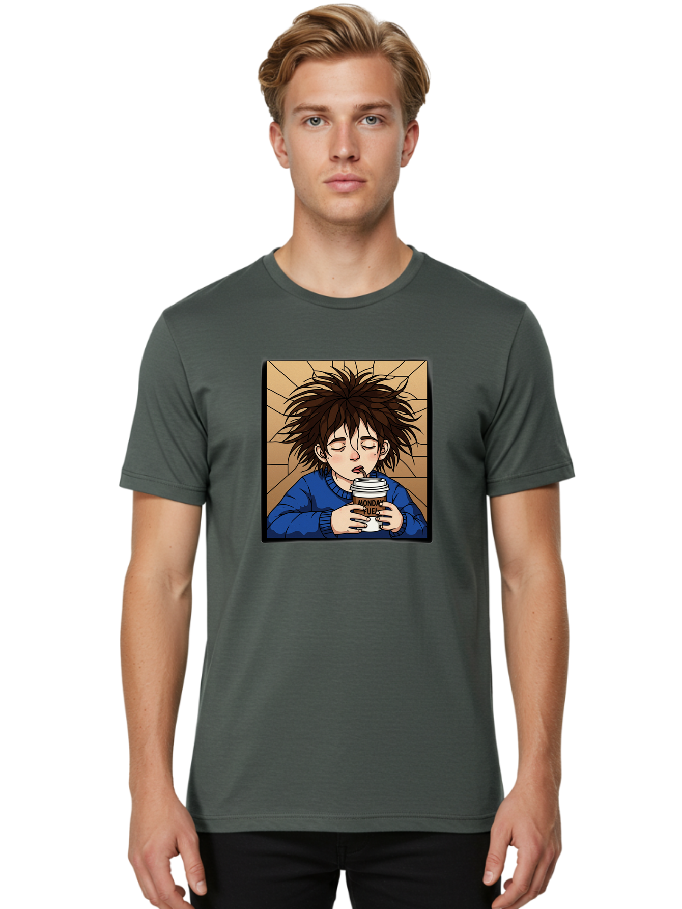 Monday-Fuel-1 Men'S Graphic Tee, 100% Cotton, Comfortable Casual Summer Wear, Machine Washable, Cartoon Character, Messy Hair, Blue Sweater, Coffee Cup, Morning Routine, Caffeine Boost, Relaxed Expression, Brown Background, Coffee Straw, Bae531
