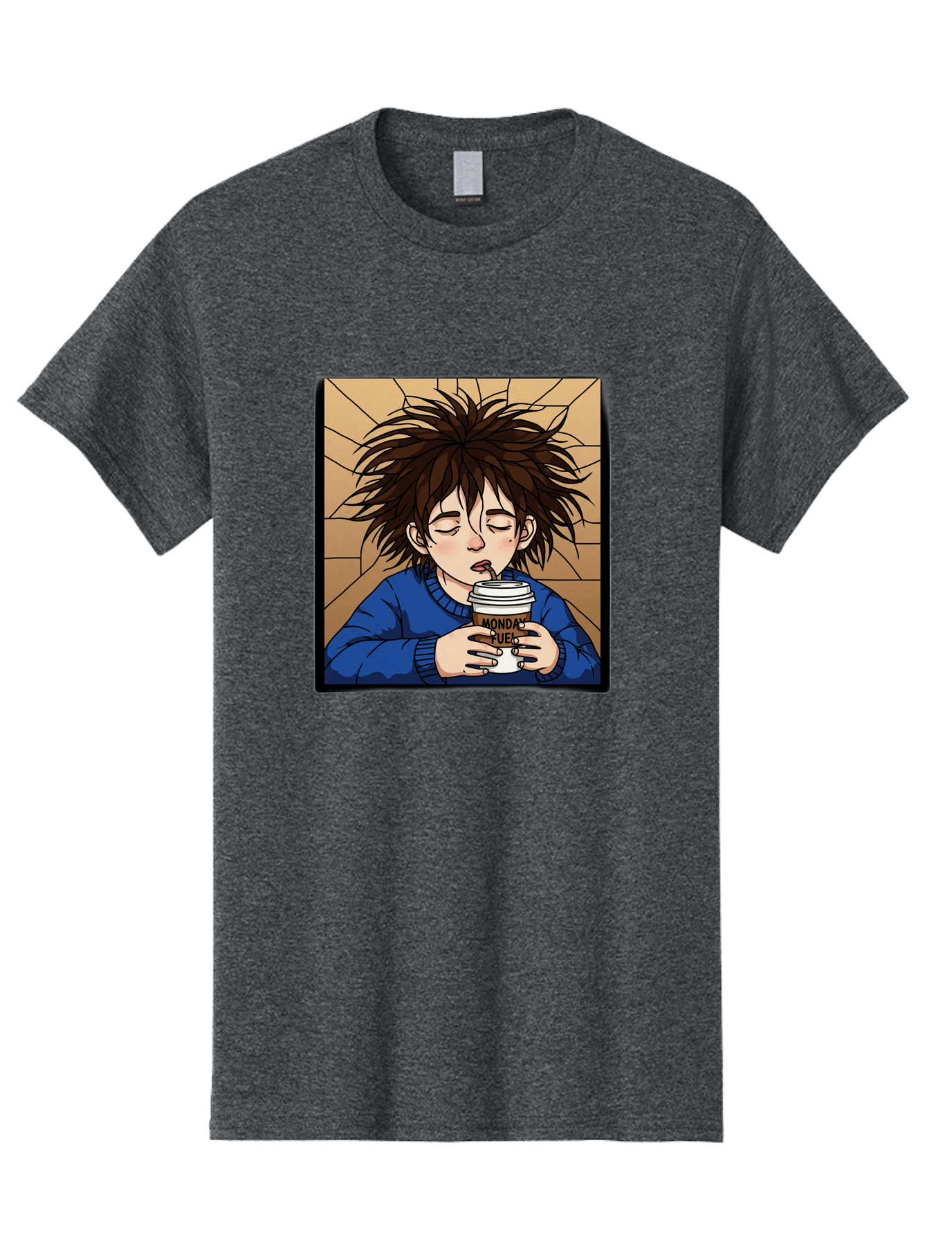 Monday-Fuel-1 Men'S Graphic Tee, 100% Cotton, Comfortable Casual Summer Wear, Machine Washable, Cartoon Character, Messy Hair, Blue Sweater, Coffee Cup, Morning Routine, Caffeine Boost, Relaxed Expression, Brown Background, Coffee Straw, Bae531
