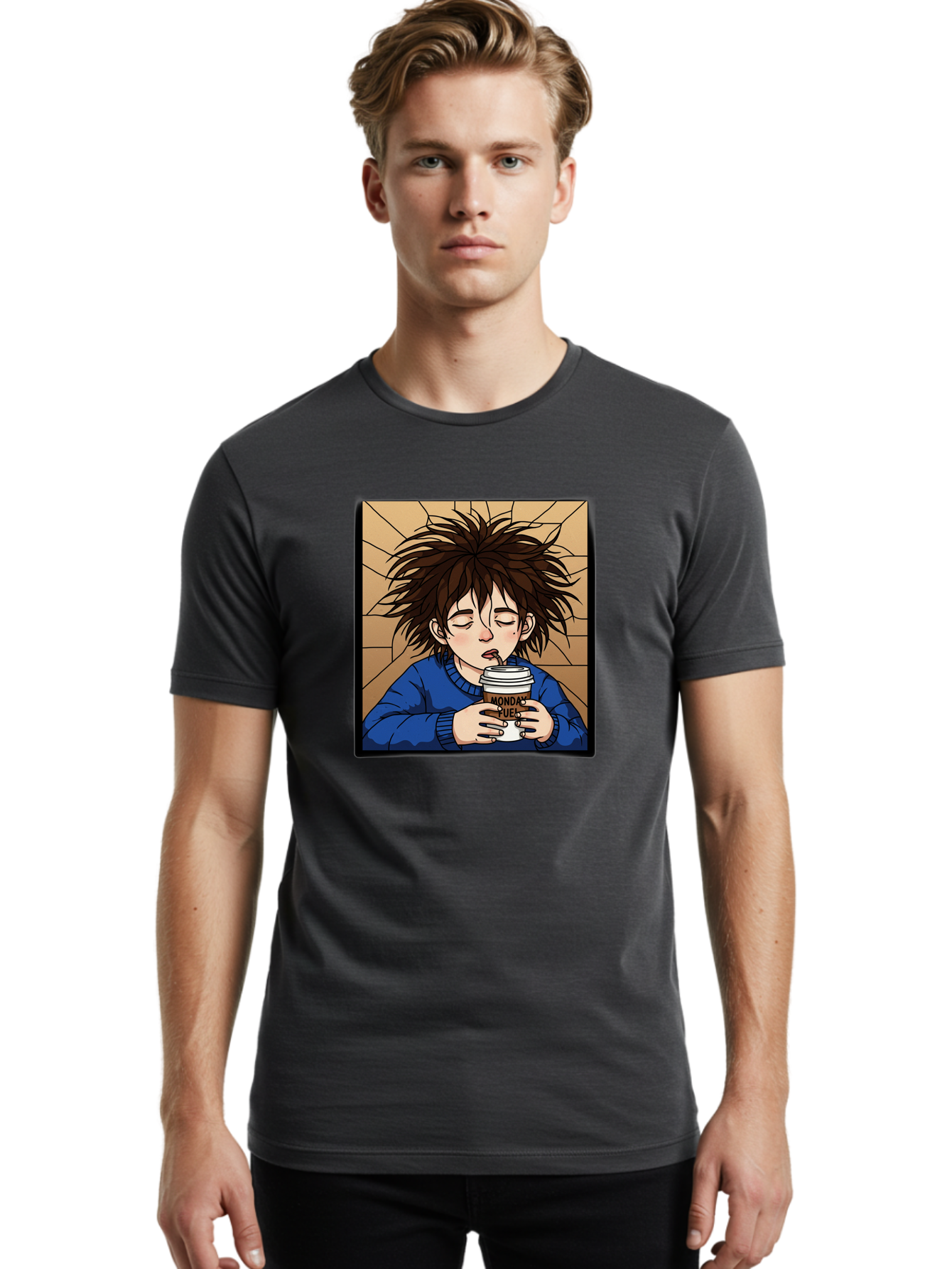 Monday-Fuel-1 Men'S Graphic Tee, 100% Cotton, Comfortable Casual Summer Wear, Machine Washable, Cartoon Character, Messy Hair, Blue Sweater, Coffee Cup, Morning Routine, Caffeine Boost, Relaxed Expression, Brown Background, Coffee Straw, Bae531