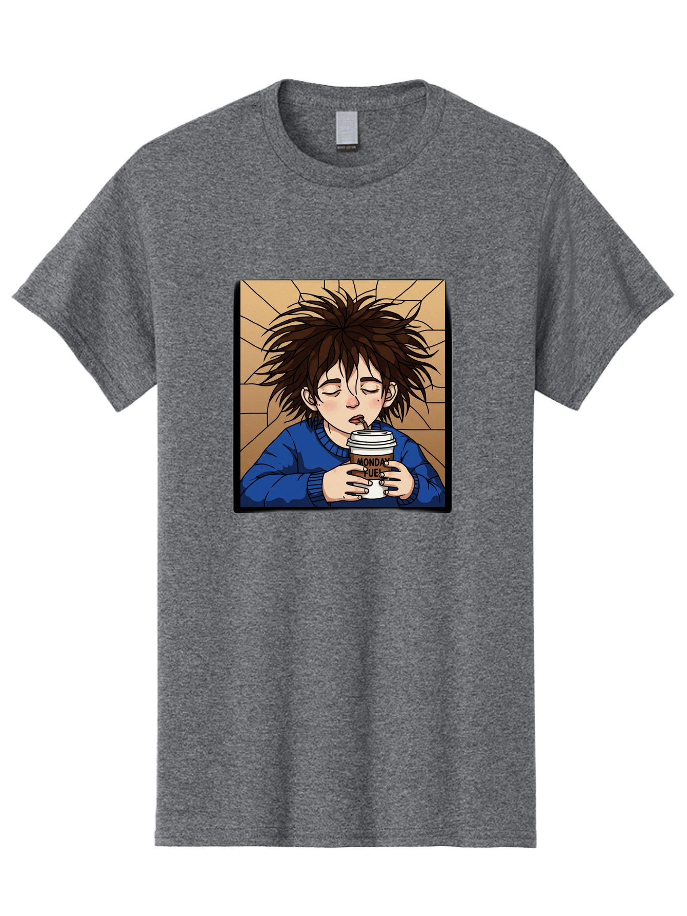 Monday-Fuel-1 Men'S Graphic Tee, 100% Cotton, Comfortable Casual Summer Wear, Machine Washable, Cartoon Character, Messy Hair, Blue Sweater, Coffee Cup, Morning Routine, Caffeine Boost, Relaxed Expression, Brown Background, Coffee Straw, Bae531
