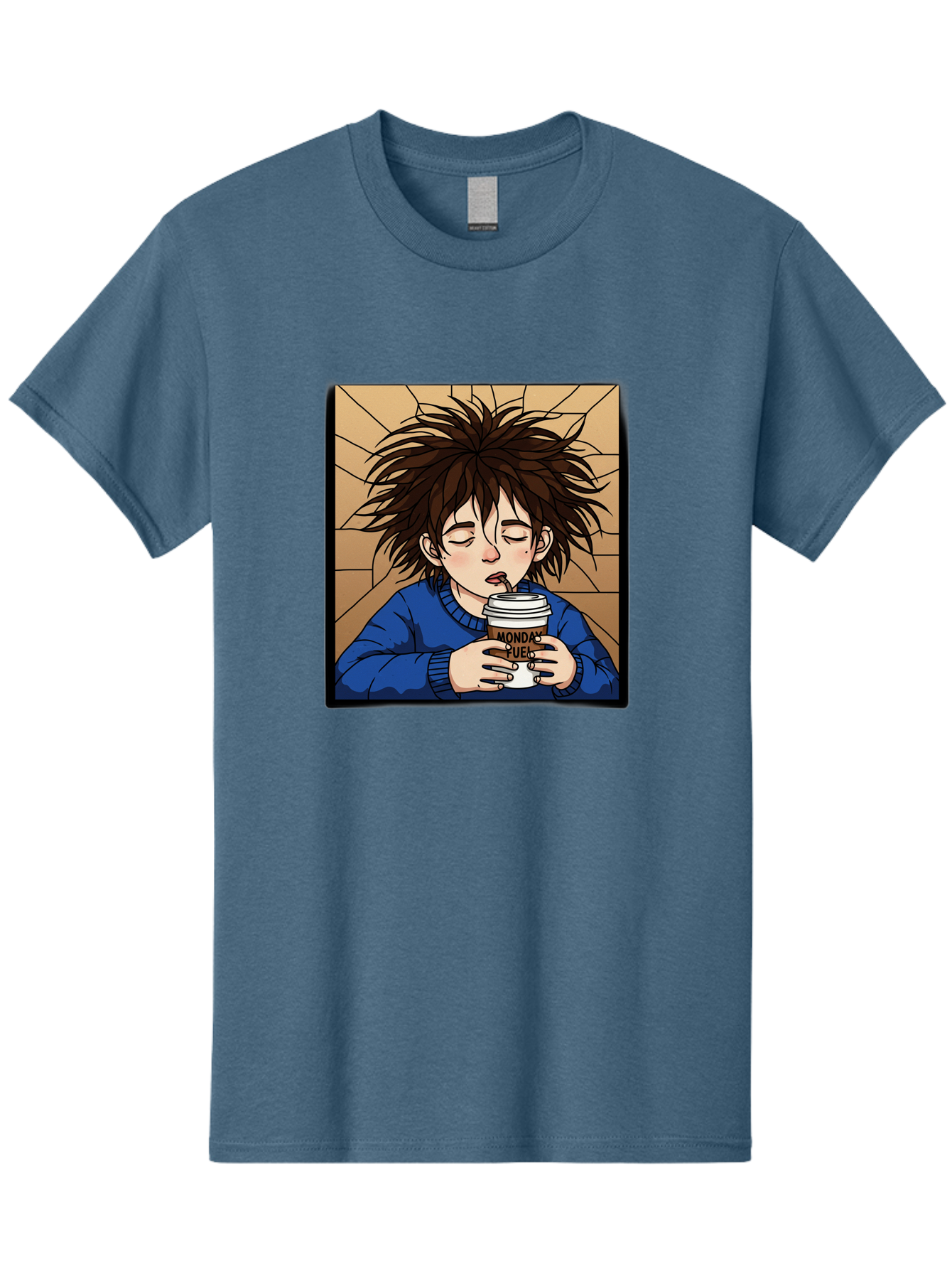 Monday-Fuel-1 Men'S Graphic Tee, 100% Cotton, Comfortable Casual Summer Wear, Machine Washable, Cartoon Character, Messy Hair, Blue Sweater, Coffee Cup, Morning Routine, Caffeine Boost, Relaxed Expression, Brown Background, Coffee Straw, Bae531