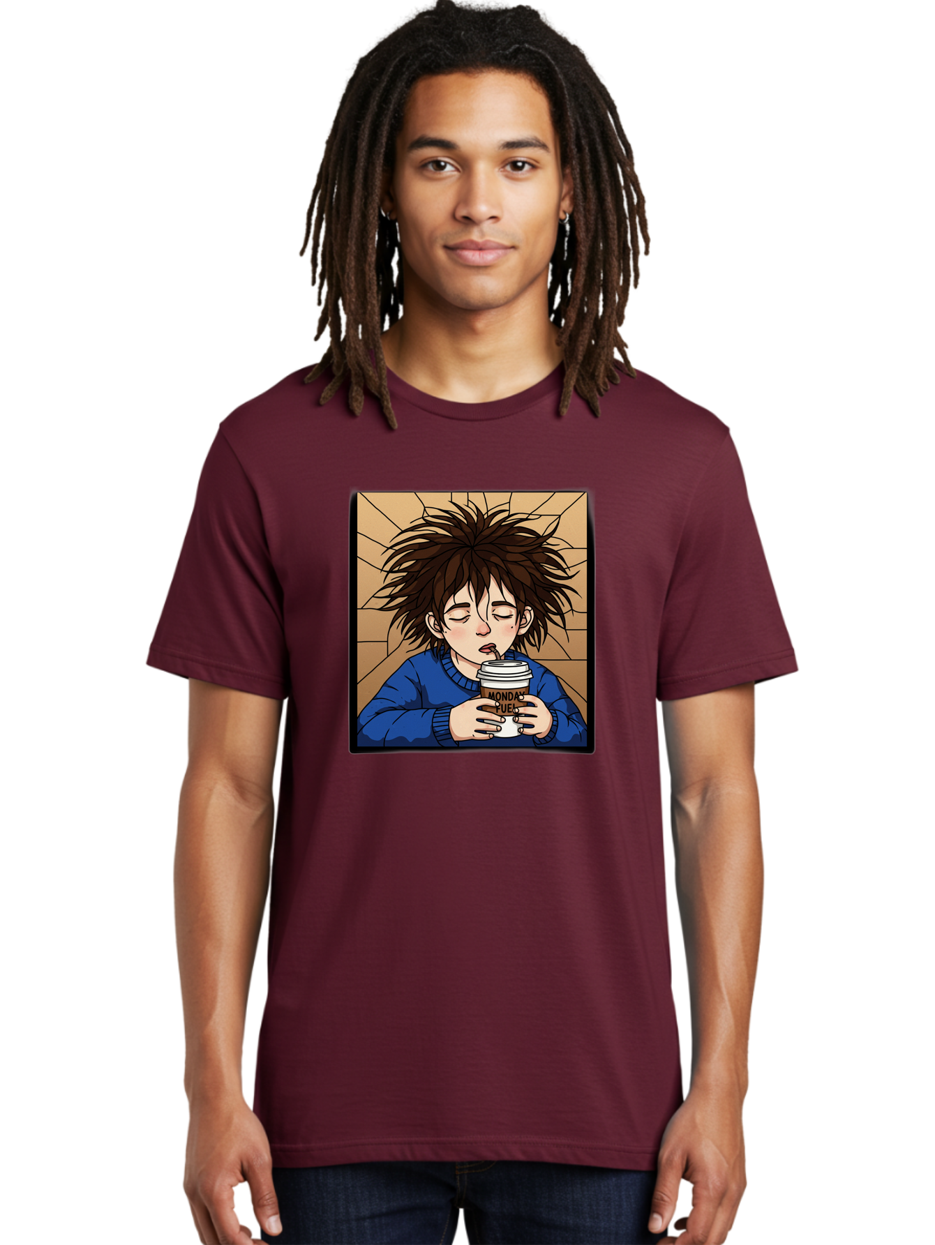 Monday-Fuel-1 Men'S Graphic Tee, 100% Cotton, Comfortable Casual Summer Wear, Machine Washable, Cartoon Character, Messy Hair, Blue Sweater, Coffee Cup, Morning Routine, Caffeine Boost, Relaxed Expression, Brown Background, Coffee Straw, Bae531