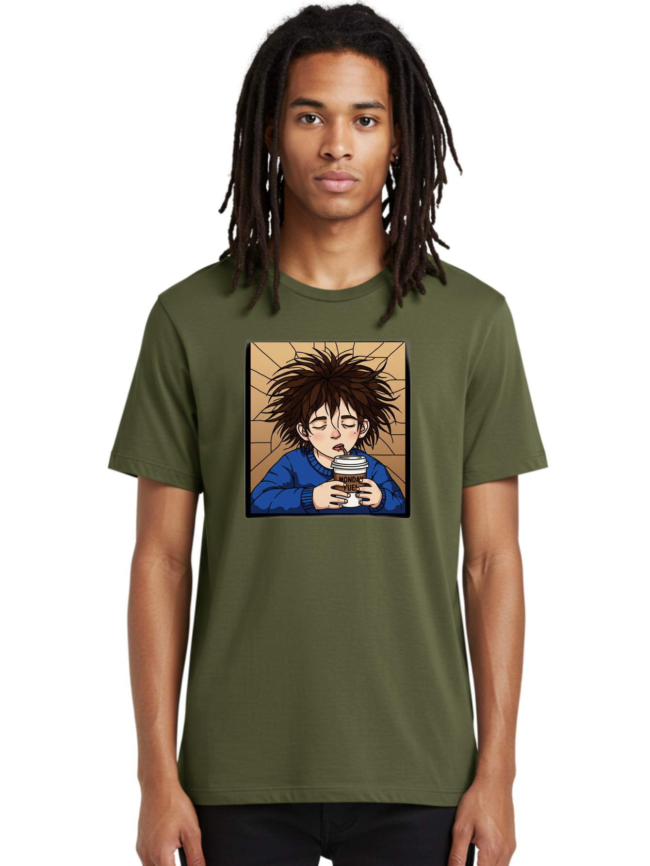 Monday-Fuel-1 Men'S Graphic Tee, 100% Cotton, Comfortable Casual Summer Wear, Machine Washable, Cartoon Character, Messy Hair, Blue Sweater, Coffee Cup, Morning Routine, Caffeine Boost, Relaxed Expression, Brown Background, Coffee Straw, Bae531