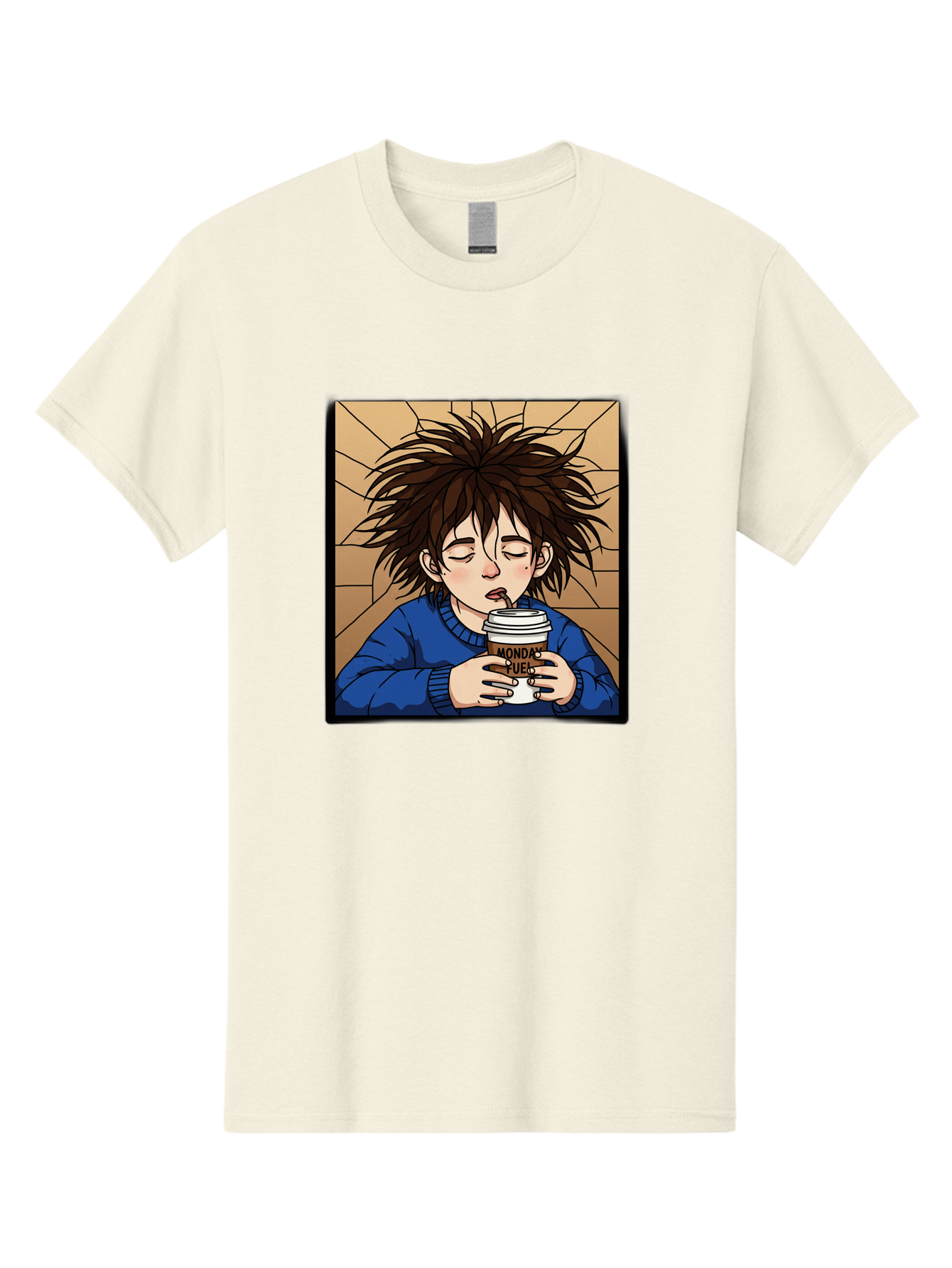 Monday-Fuel-1 Men'S Graphic Tee, 100% Cotton, Comfortable Casual Summer Wear, Machine Washable, Cartoon Character, Messy Hair, Blue Sweater, Coffee Cup, Morning Routine, Caffeine Boost, Relaxed Expression, Brown Background, Coffee Straw, Bae531