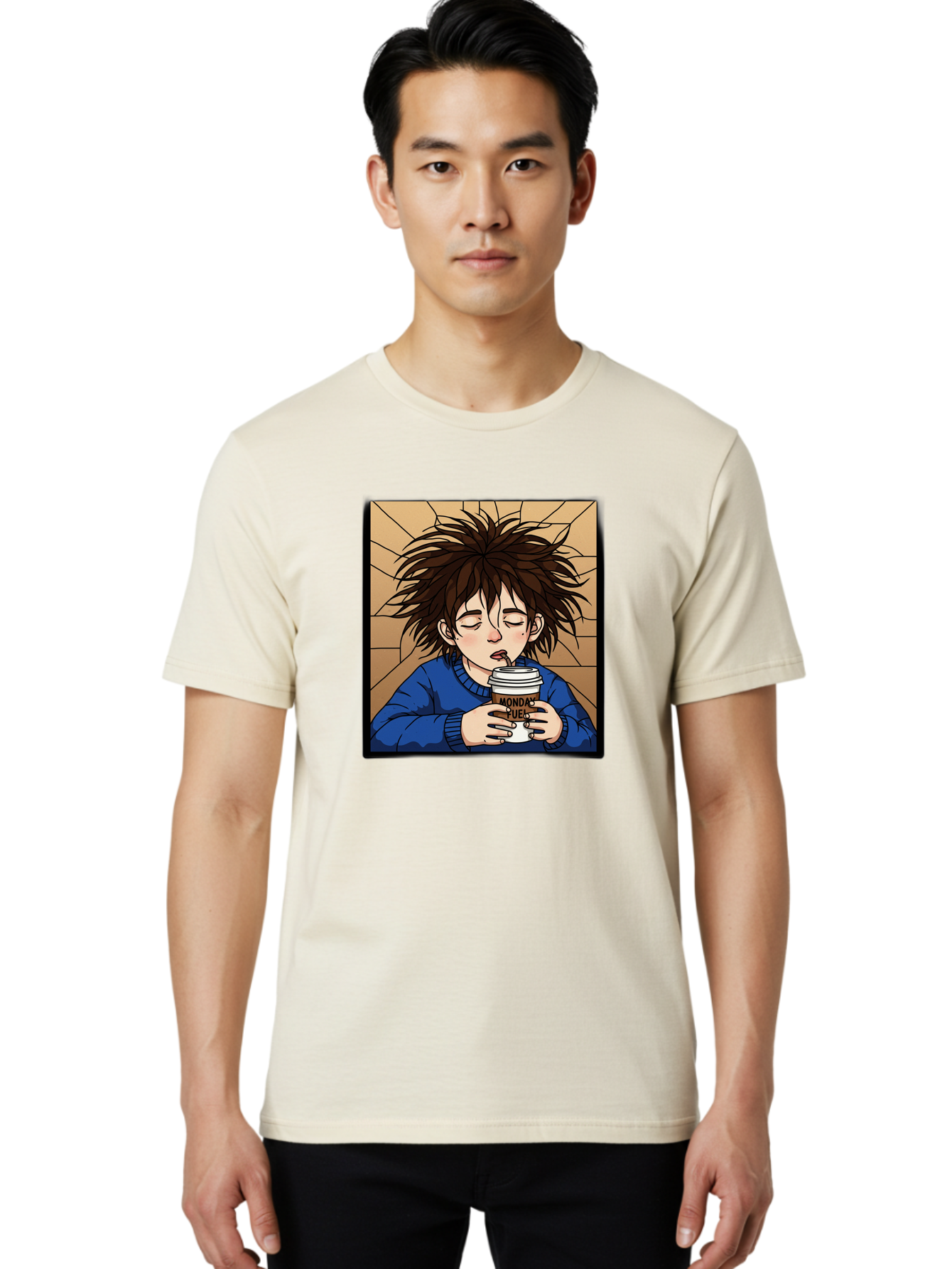 Monday-Fuel-1 Men'S Graphic Tee, 100% Cotton, Comfortable Casual Summer Wear, Machine Washable, Cartoon Character, Messy Hair, Blue Sweater, Coffee Cup, Morning Routine, Caffeine Boost, Relaxed Expression, Brown Background, Coffee Straw, Bae531