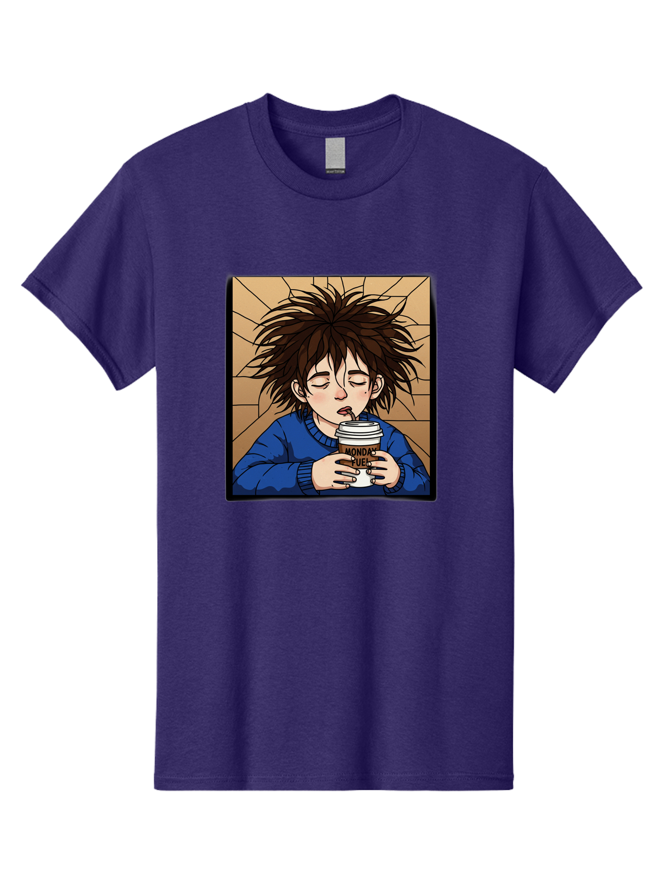 Monday-Fuel-1 Men'S Graphic Tee, 100% Cotton, Comfortable Casual Summer Wear, Machine Washable, Cartoon Character, Messy Hair, Blue Sweater, Coffee Cup, Morning Routine, Caffeine Boost, Relaxed Expression, Brown Background, Coffee Straw, Bae531