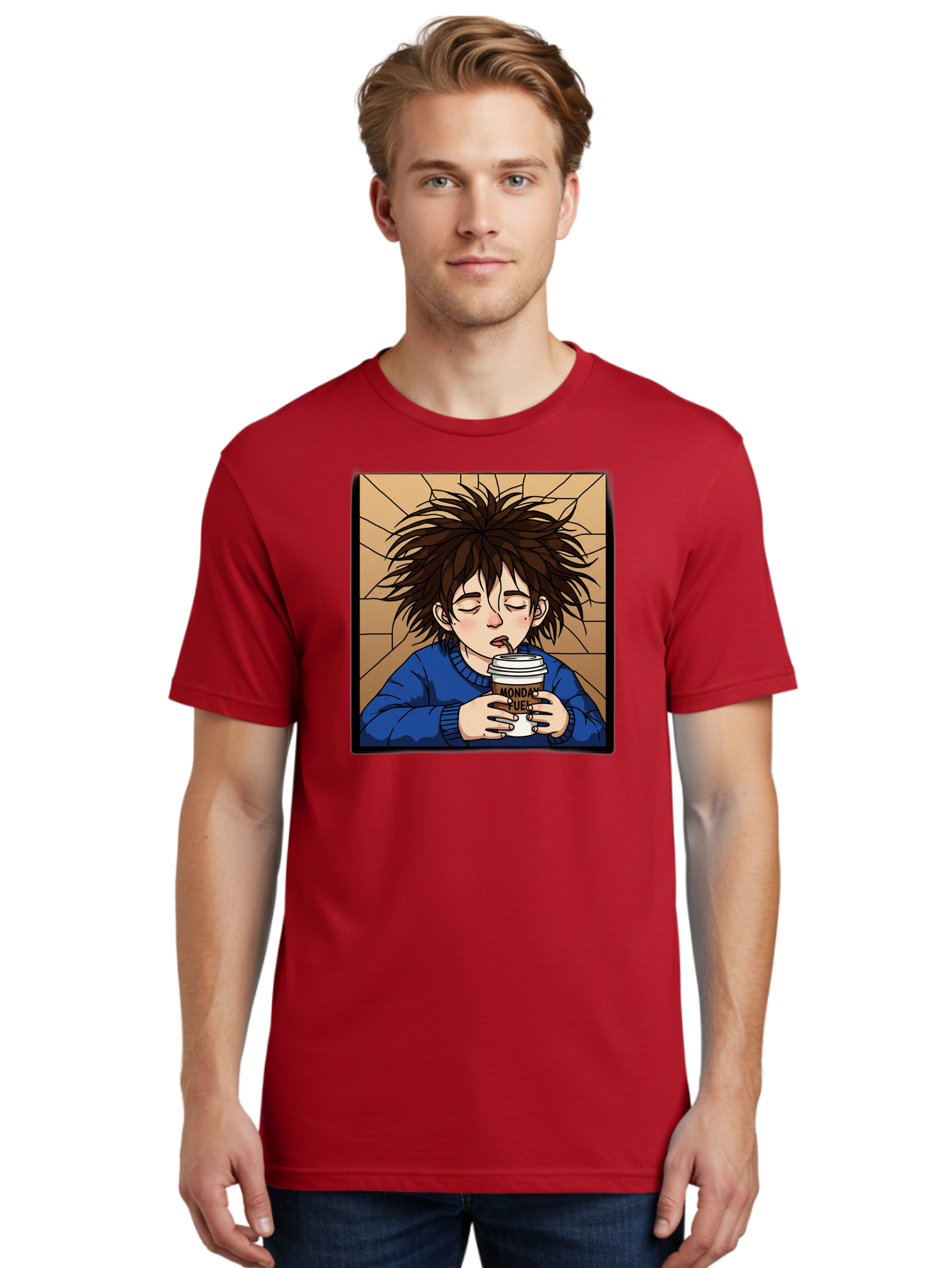 Monday-Fuel-1 Men'S Graphic Tee, 100% Cotton, Comfortable Casual Summer Wear, Machine Washable, Cartoon Character, Messy Hair, Blue Sweater, Coffee Cup, Morning Routine, Caffeine Boost, Relaxed Expression, Brown Background, Coffee Straw, Bae531