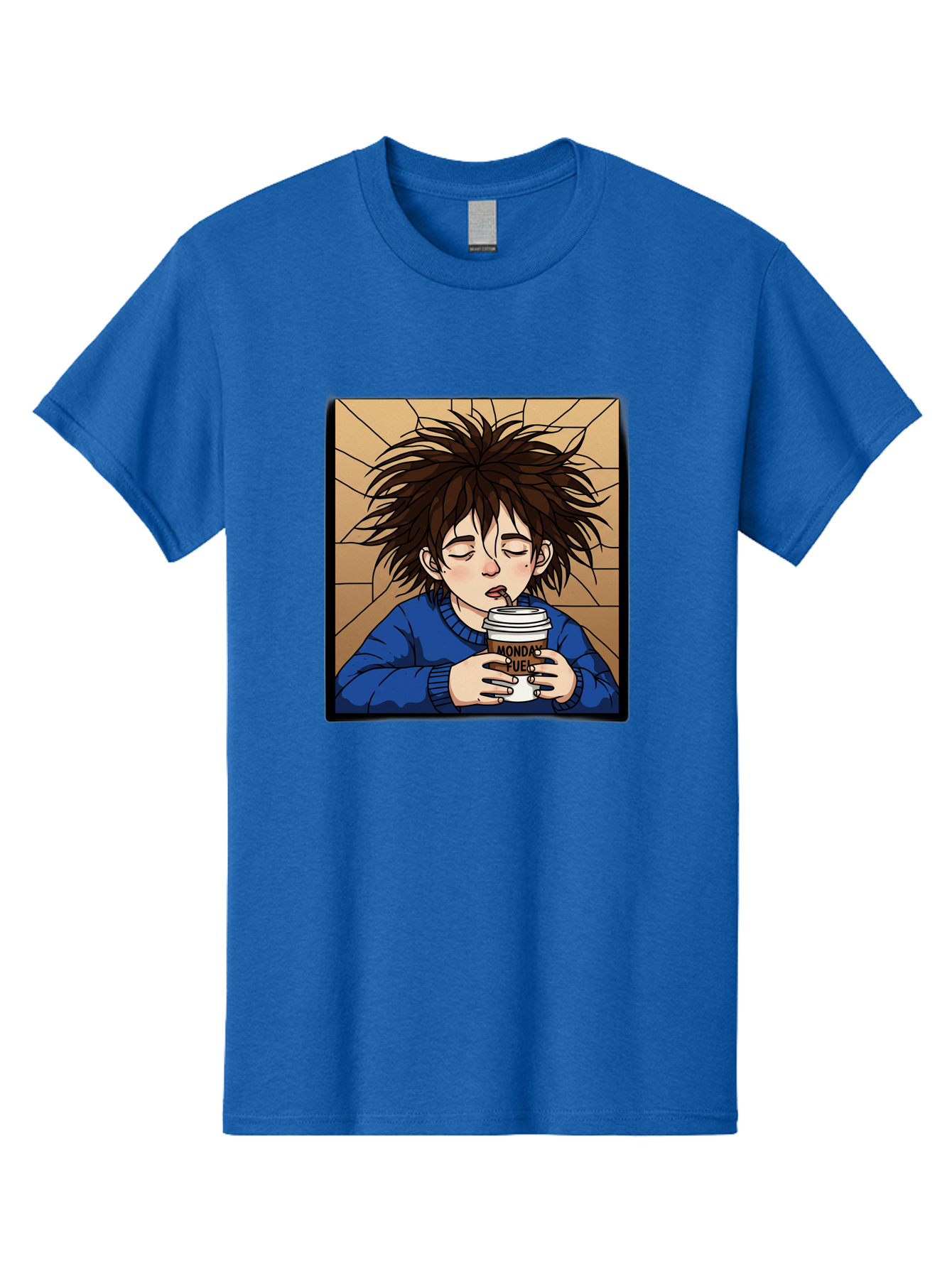 Monday-Fuel-1 Men'S Graphic Tee, 100% Cotton, Comfortable Casual Summer Wear, Machine Washable, Cartoon Character, Messy Hair, Blue Sweater, Coffee Cup, Morning Routine, Caffeine Boost, Relaxed Expression, Brown Background, Coffee Straw, Bae531