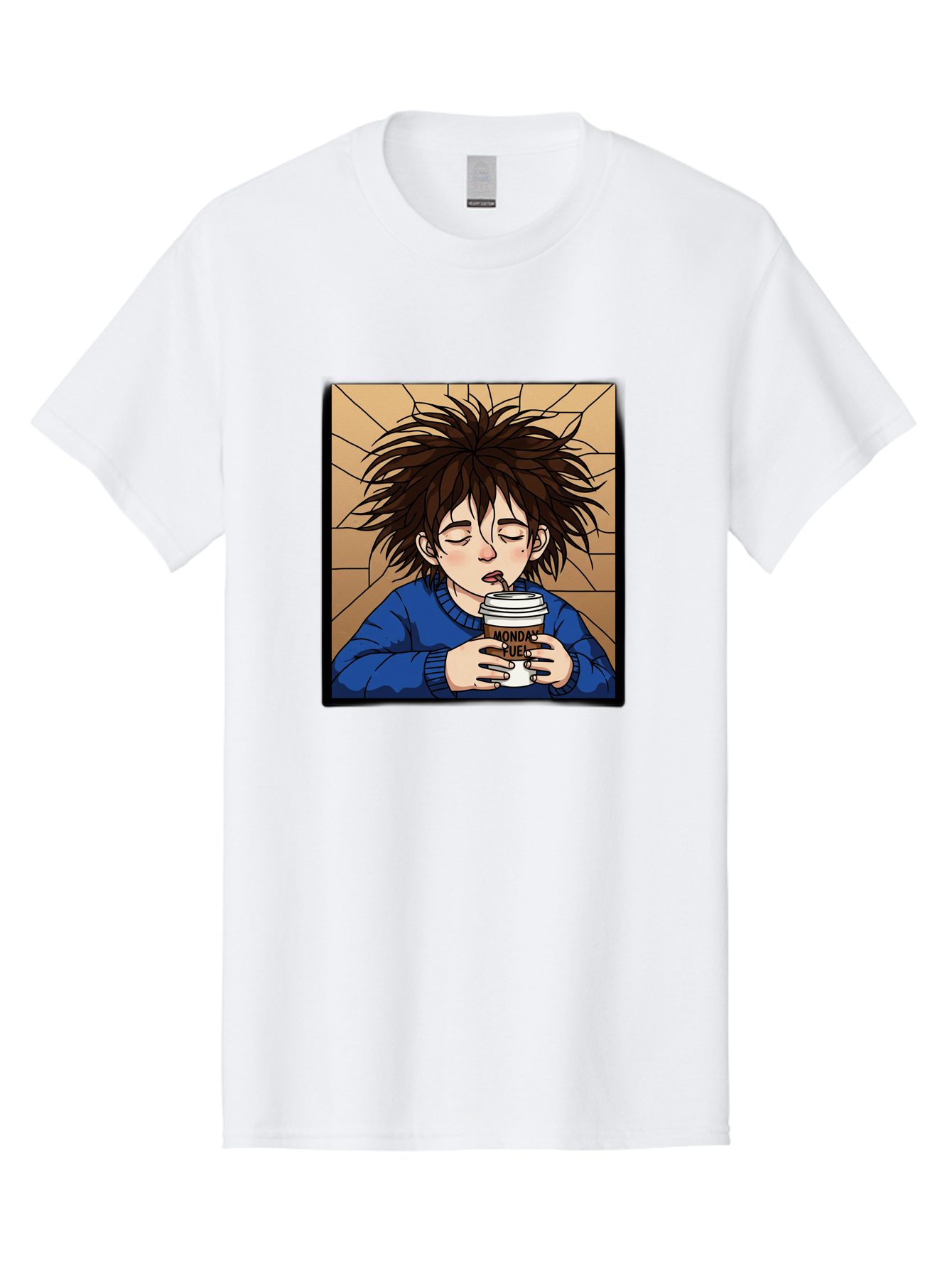 Monday-Fuel-1 Men'S Graphic Tee, 100% Cotton, Comfortable Casual Summer Wear, Machine Washable, Cartoon Character, Messy Hair, Blue Sweater, Coffee Cup, Morning Routine, Caffeine Boost, Relaxed Expression, Brown Background, Coffee Straw, Bae531