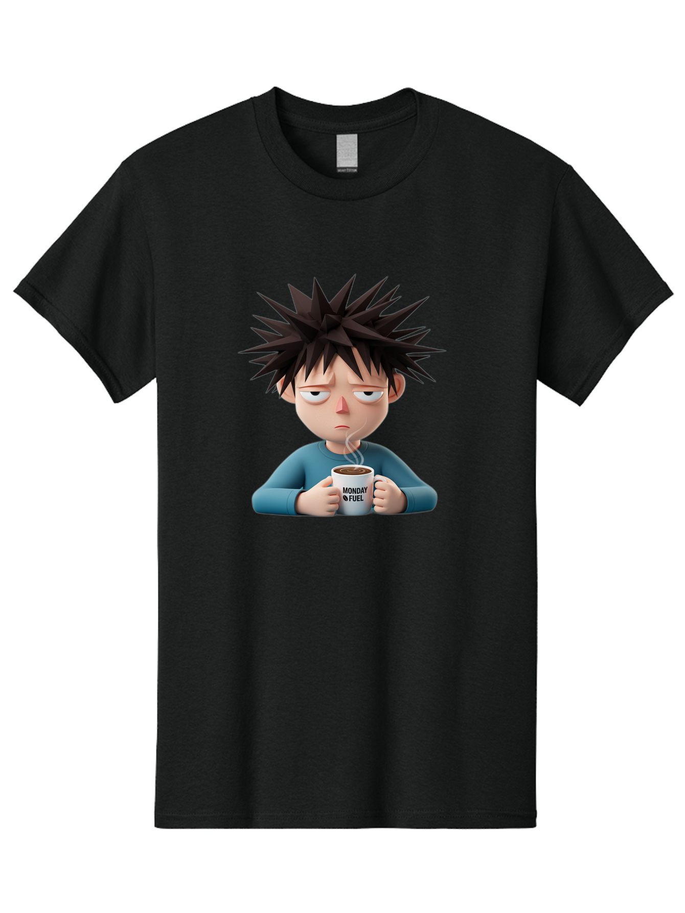 Monday-Fuel Men'S Graphic Tee, 100% Cotton, Comfortable Casual Summer Wear, Machine Washable, Cartoon Character, Monday Blues, Coffee Mug, Morning Motivation, Steam Rising, Blue Shirt, Messy Hair, Humorous Art, Coffee Culture, Morning Routine Bae532