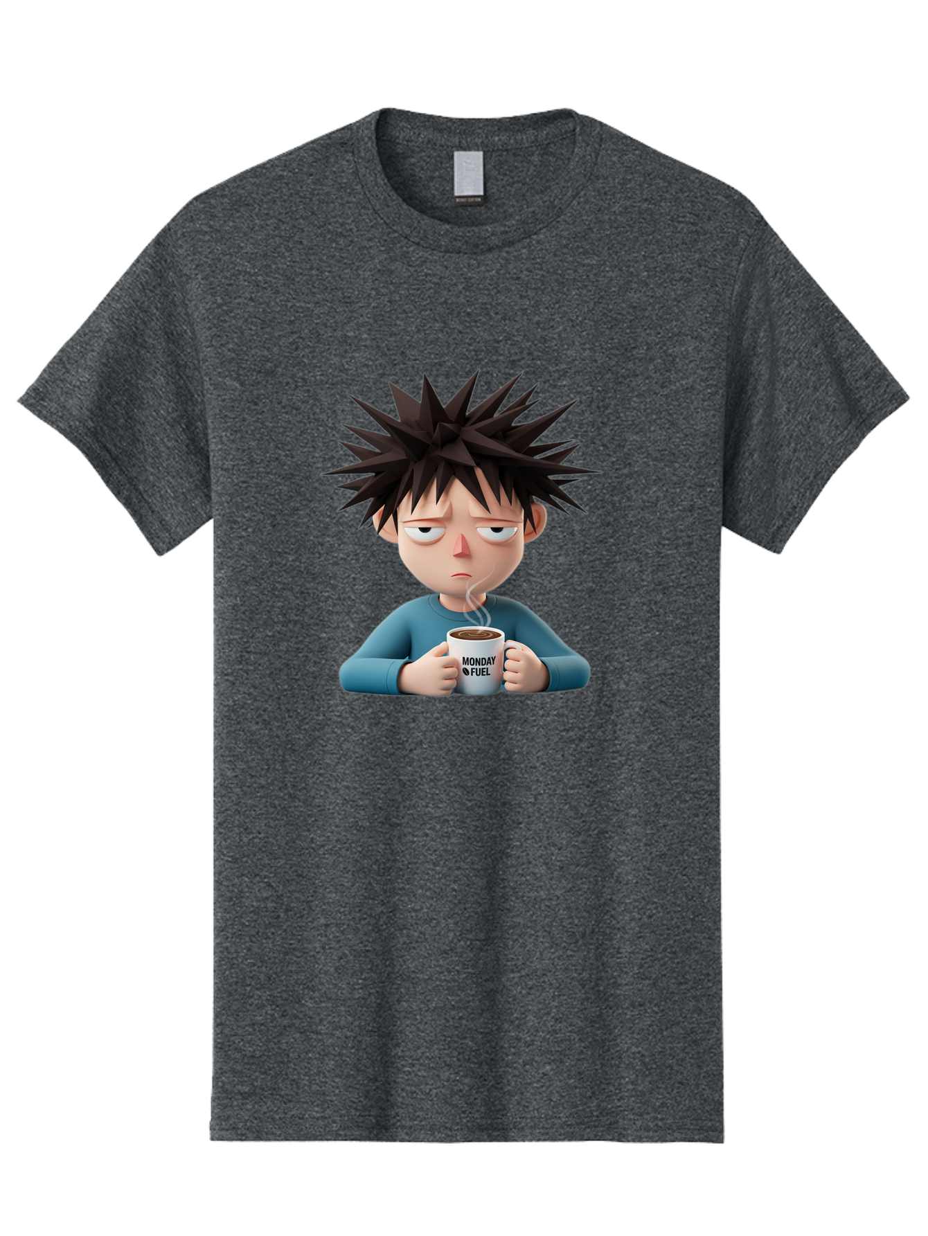 Monday-Fuel Men'S Graphic Tee, 100% Cotton, Comfortable Casual Summer Wear, Machine Washable, Cartoon Character, Monday Blues, Coffee Mug, Morning Motivation, Steam Rising, Blue Shirt, Messy Hair, Humorous Art, Coffee Culture, Morning Routine Bae532