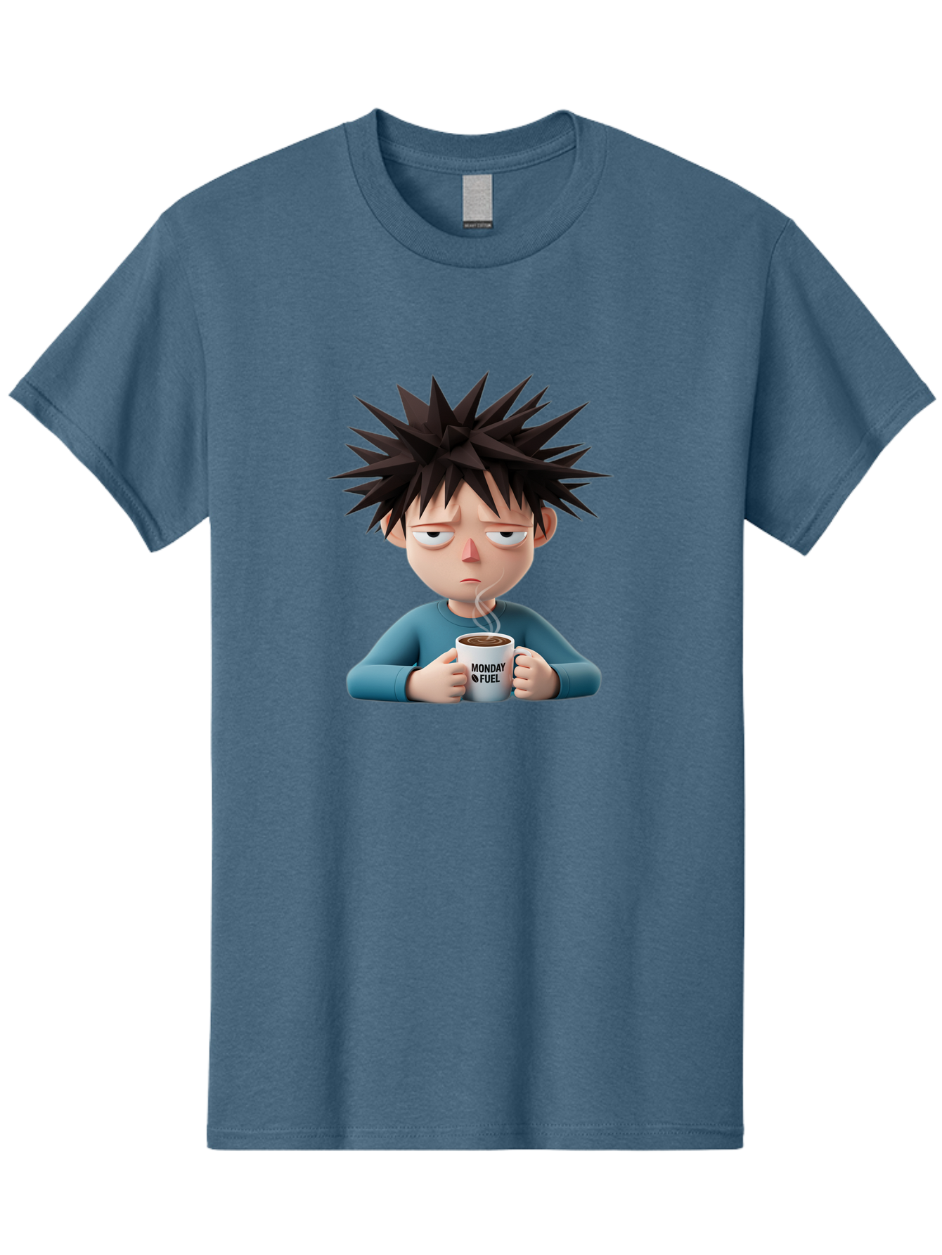 Monday-Fuel Men'S Graphic Tee, 100% Cotton, Comfortable Casual Summer Wear, Machine Washable, Cartoon Character, Monday Blues, Coffee Mug, Morning Motivation, Steam Rising, Blue Shirt, Messy Hair, Humorous Art, Coffee Culture, Morning Routine Bae532