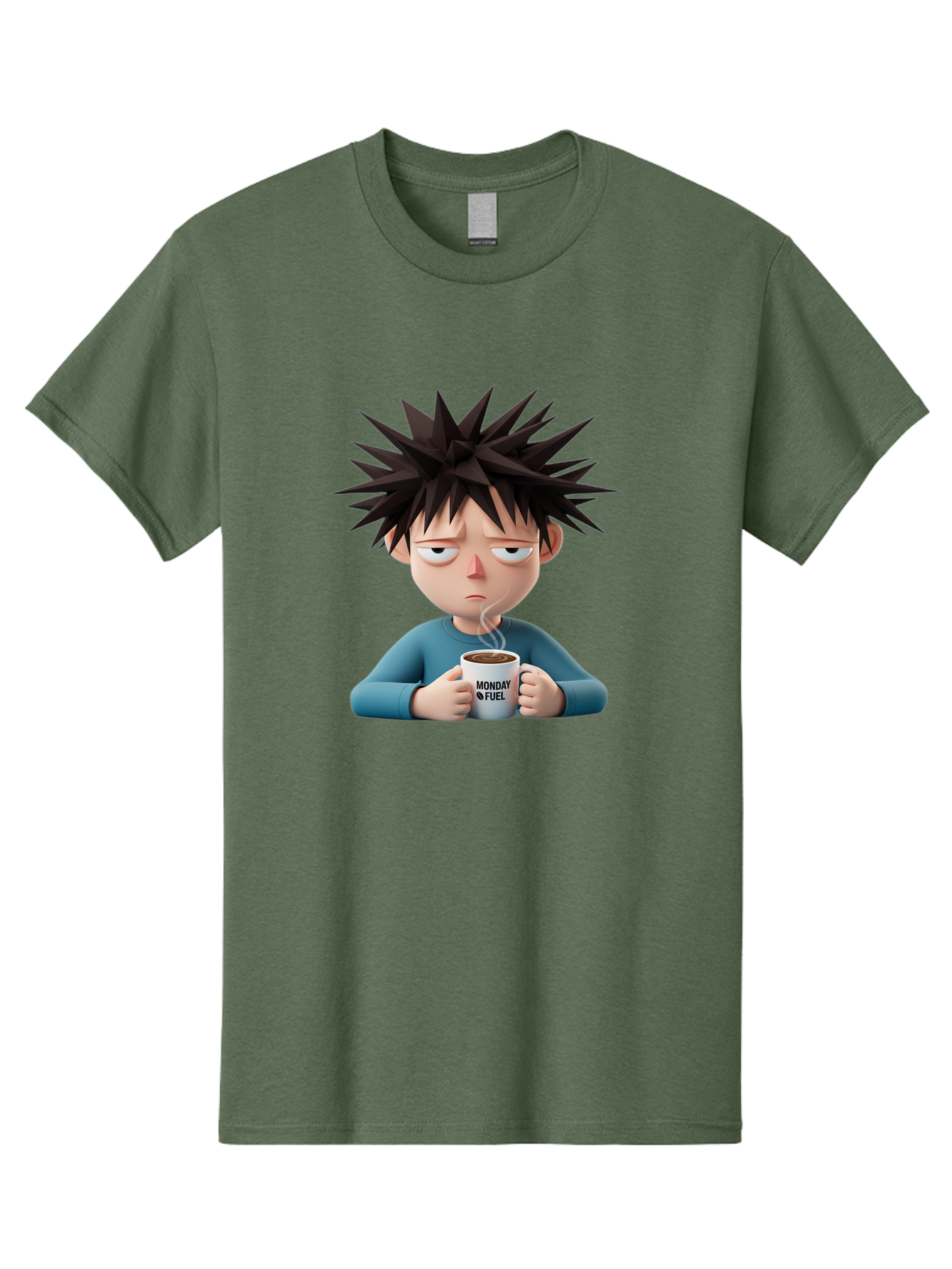 Monday-Fuel Men'S Graphic Tee, 100% Cotton, Comfortable Casual Summer Wear, Machine Washable, Cartoon Character, Monday Blues, Coffee Mug, Morning Motivation, Steam Rising, Blue Shirt, Messy Hair, Humorous Art, Coffee Culture, Morning Routine Bae532