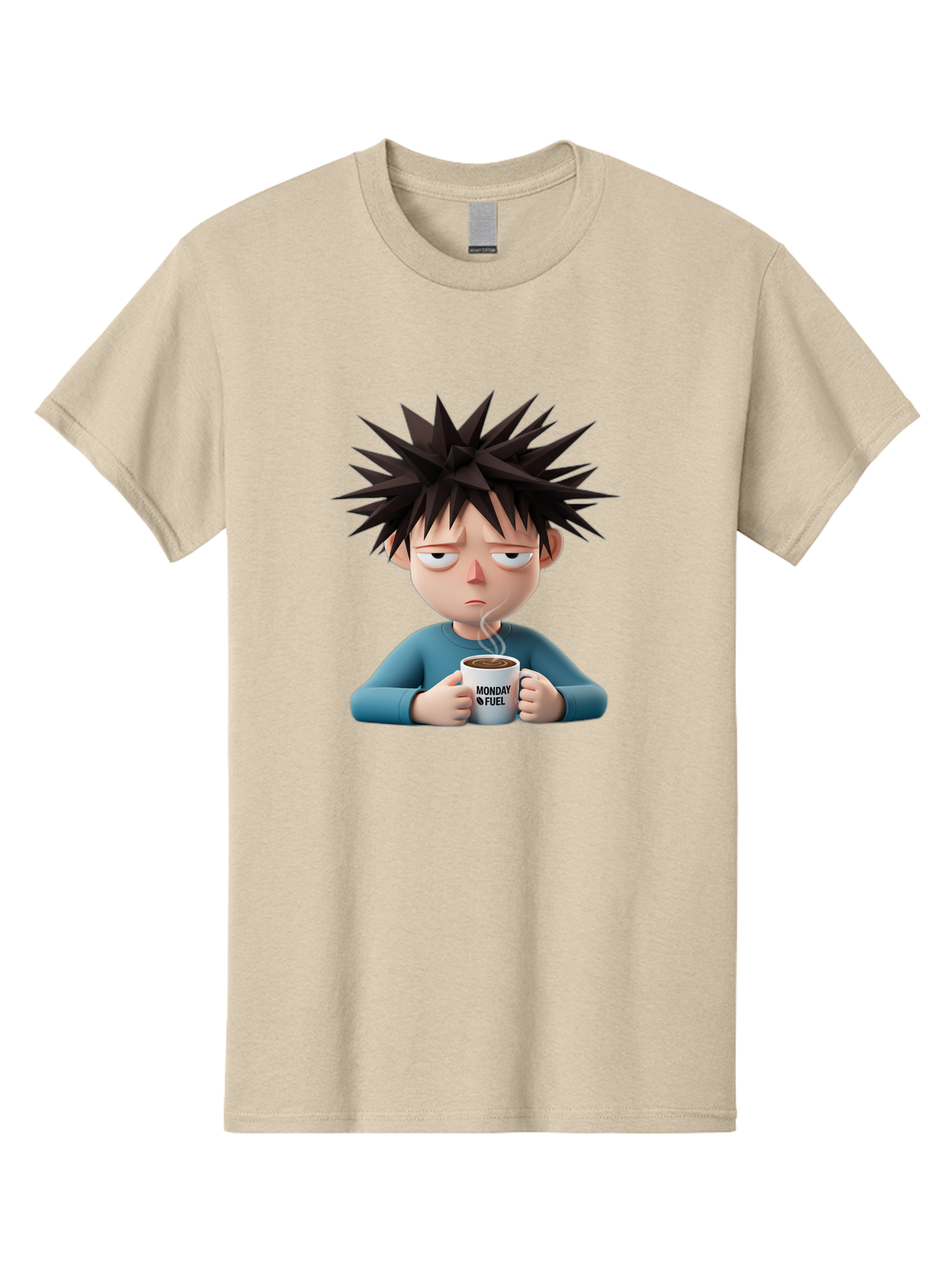 Monday-Fuel Men'S Graphic Tee, 100% Cotton, Comfortable Casual Summer Wear, Machine Washable, Cartoon Character, Monday Blues, Coffee Mug, Morning Motivation, Steam Rising, Blue Shirt, Messy Hair, Humorous Art, Coffee Culture, Morning Routine Bae532