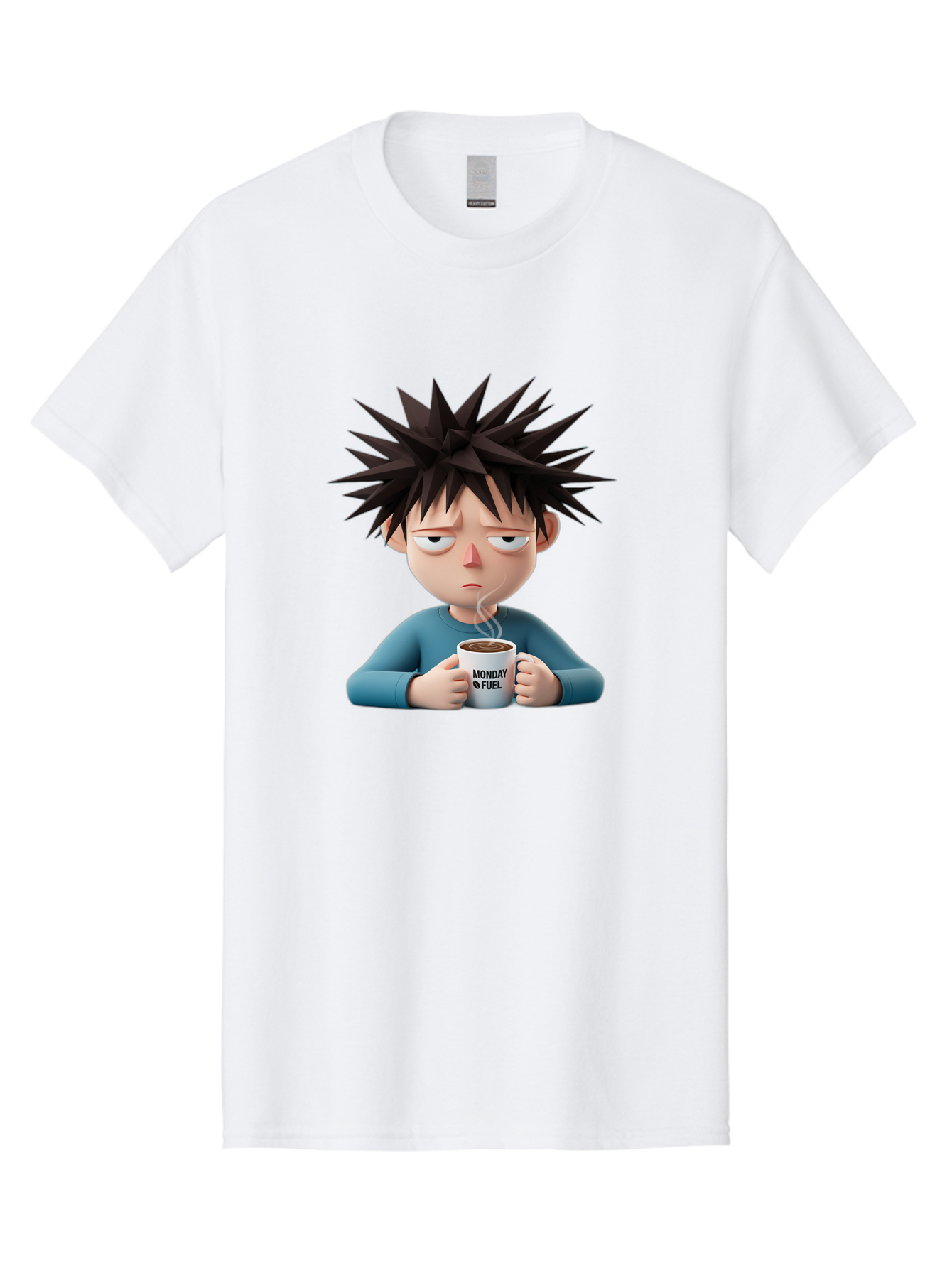 Monday-Fuel Men'S Graphic Tee, 100% Cotton, Comfortable Casual Summer Wear, Machine Washable, Cartoon Character, Monday Blues, Coffee Mug, Morning Motivation, Steam Rising, Blue Shirt, Messy Hair, Humorous Art, Coffee Culture, Morning Routine Bae532