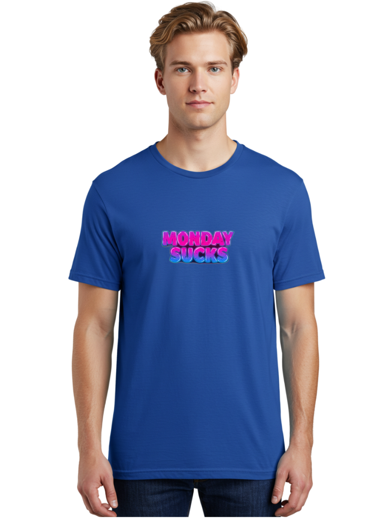 Monday-Sucks-1 Men'S Graphic Tee, 100% Cotton, Comfortable Casual Summer Wear, Machine Washable, Monday Motivation, Motivational Quote, Funny Meme, Humor, Sarcasm, Workweek Grind, Relief, Colorful Text, Pink, Blue, Gradient, Workplace Humor, Bae534